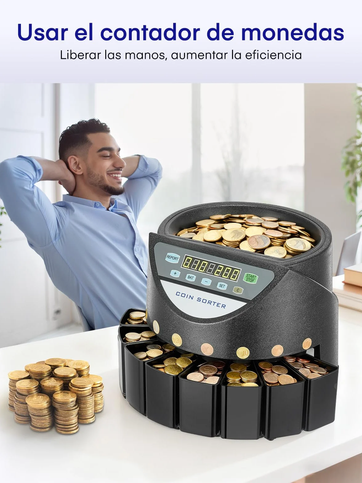 Contador de Monedas Euro, Clasificador de Monedas Capacidad para 800 monedas, Maquina Contar Monedas con 8 cajones de recolección, para colegios, tiendas y bancos