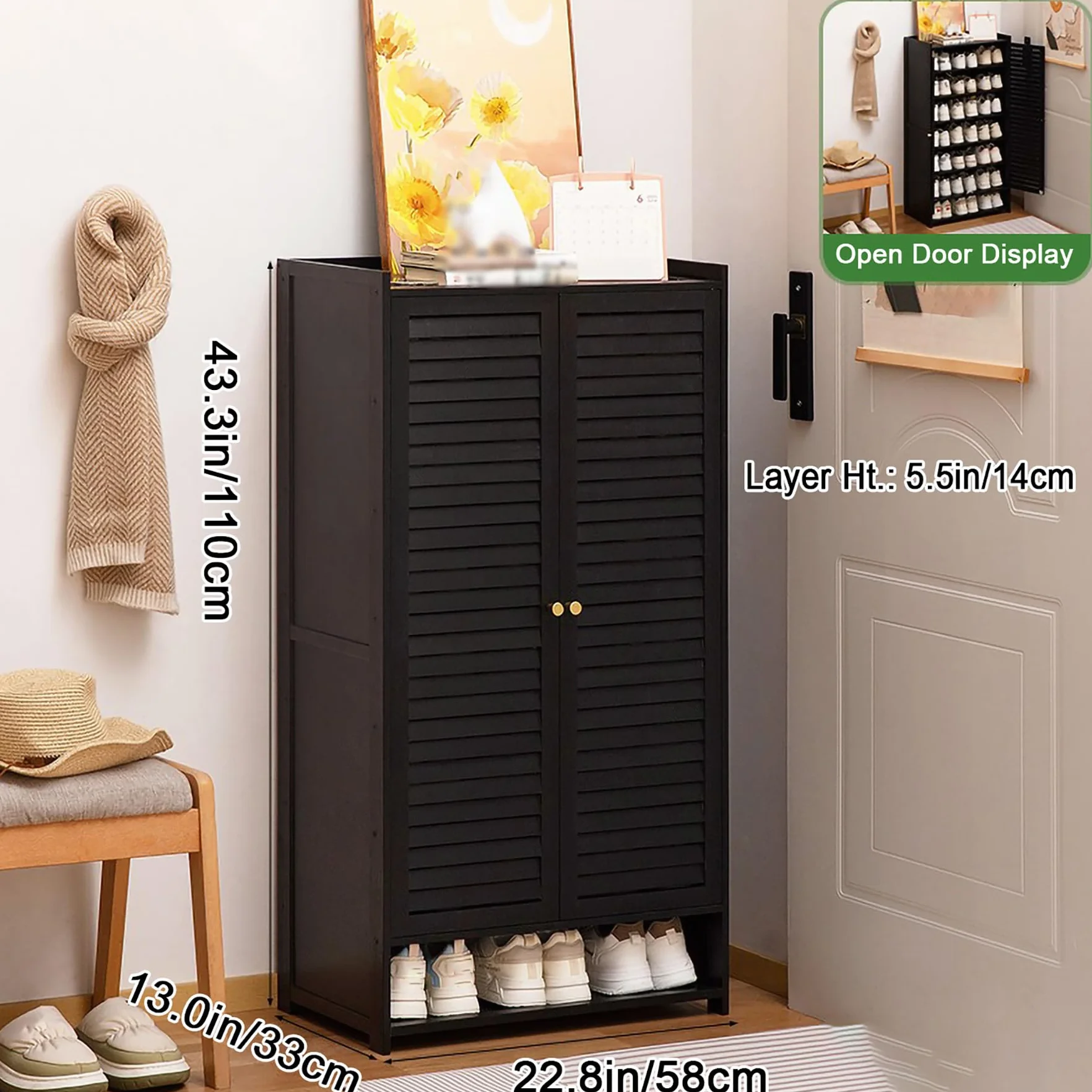 Zapatero de Bambú 7 Niveles 110cm Armario para Zapatos con Puertas de Lamas Tea Brown 58×33×110cm