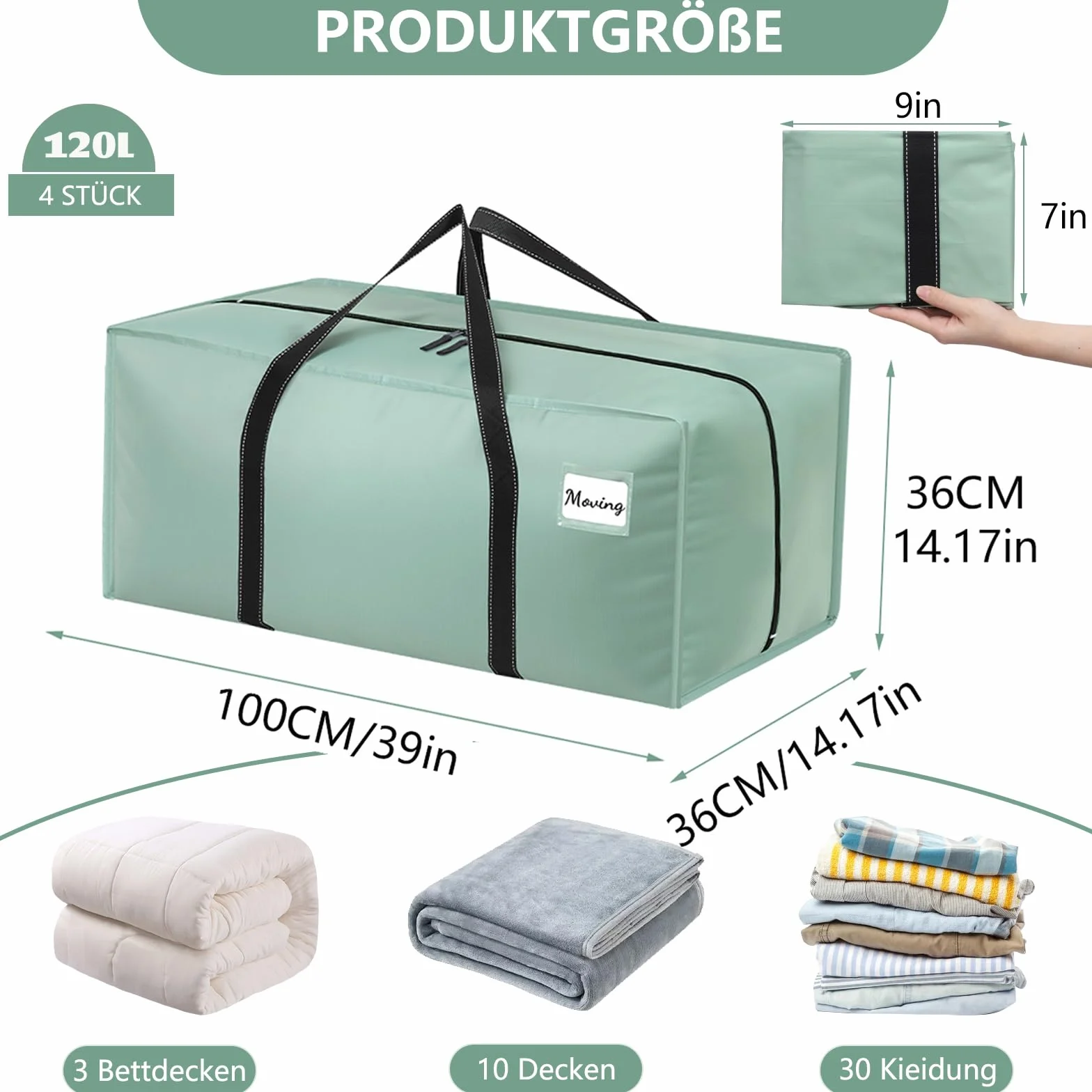Dntorx 4 bolsas de almacenamiento de 120 L, resistentes al agua, cajas de mudanza, grandes con asa con cremallera, caja de almacenamiento plegable para mudanzas, camping, almacenaje ropa (verde