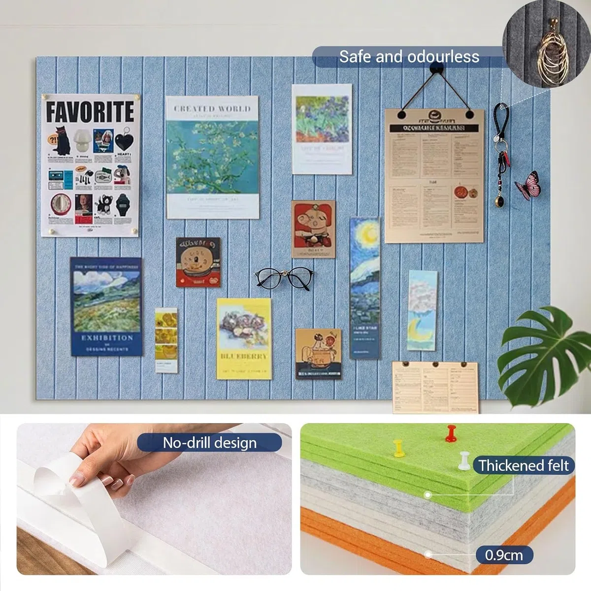Gran pizarra de 90x60cm, gran placa de corcho, 0,9cm de grosor, decorativa pared de corcho con fieltro, tabla fotográfica plegable con cinta adhesiva autoadhesiva, fieltro autoadhesivo visionboard