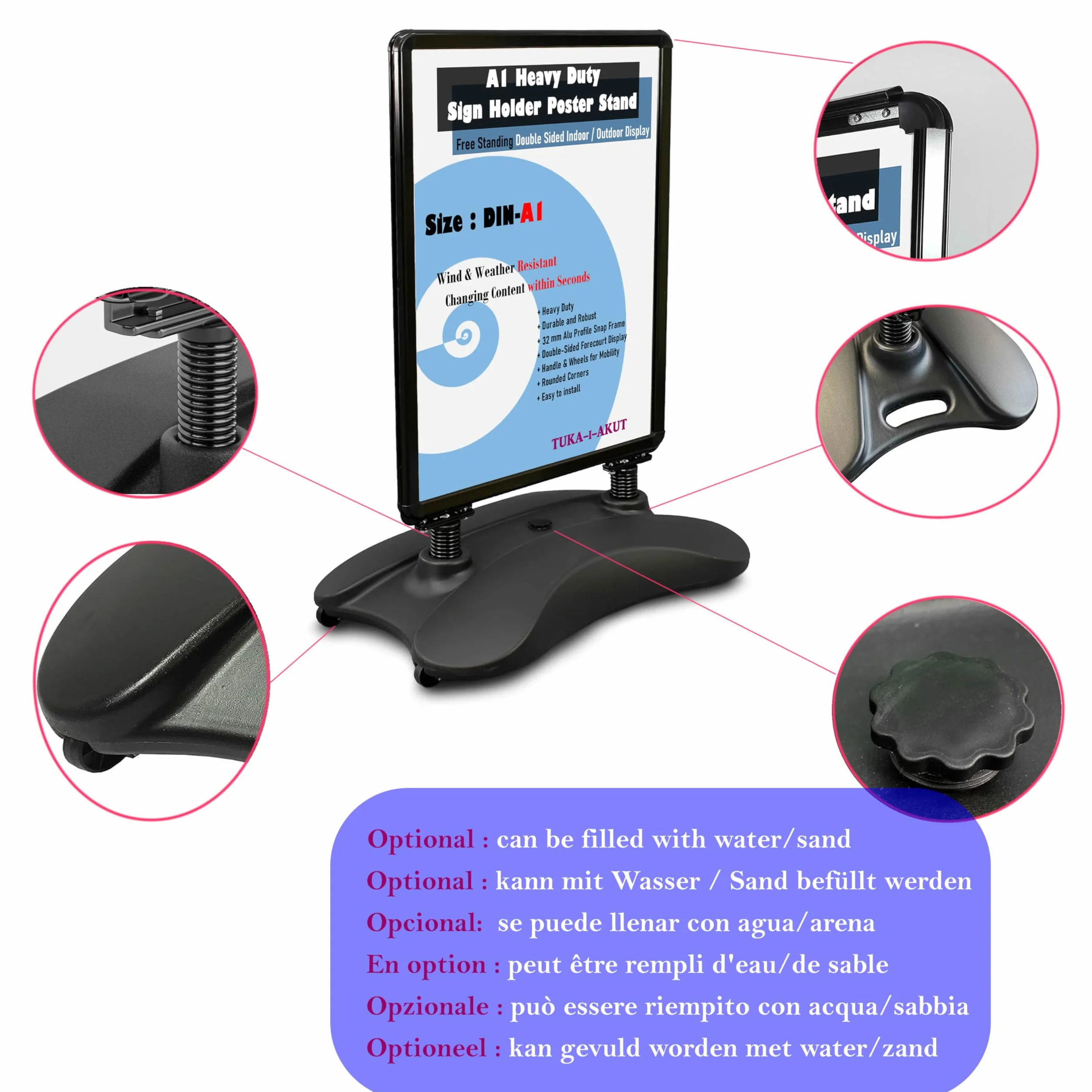 TUKA-i-AKUT DIN A1 Soporte para Carteles, Doble Cara, Robusto Expositor de Póster con Ruedas y Marco de Aluminio, Base Resistente, Soporte Publicitario Estable Interiores y Exteriores, TKD8425 Negro