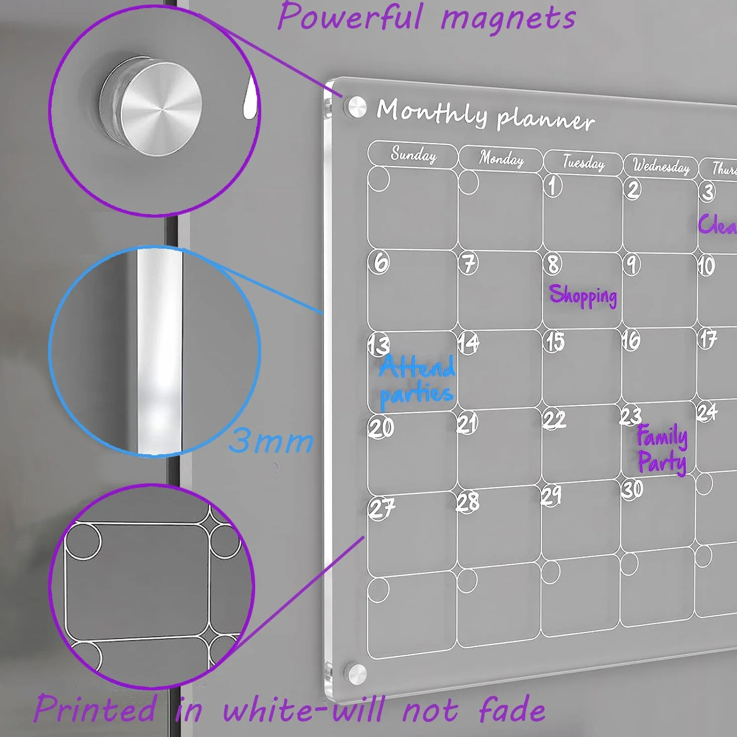 Calendario Mensual Magnético Borrable para Refrigerador, Acrílico Transparente