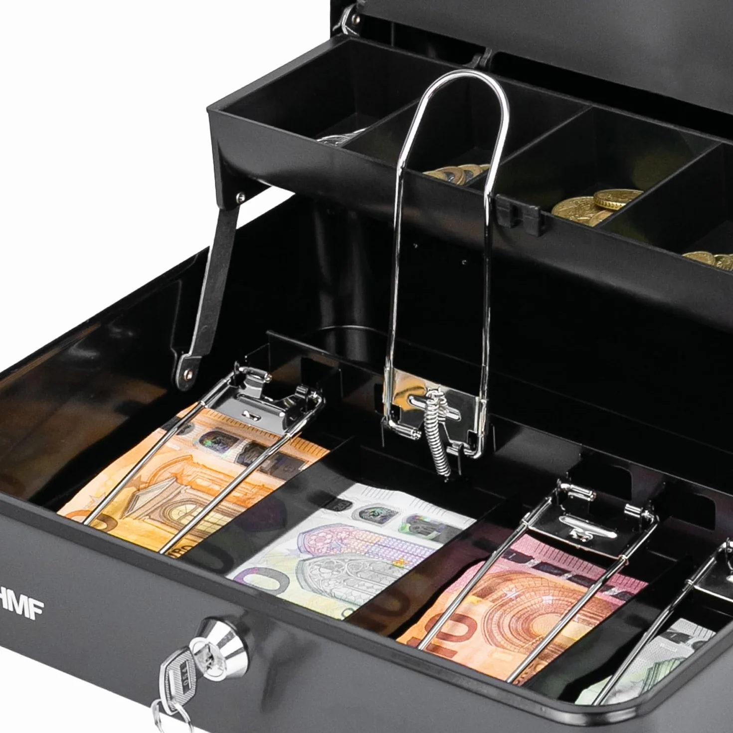 HMF 15230-02 - Caja de caudales con cerradura con compartimento para monedas y 4 compartimentos para billetes con pinza | 30 x 24 x 9 cm | Negro
