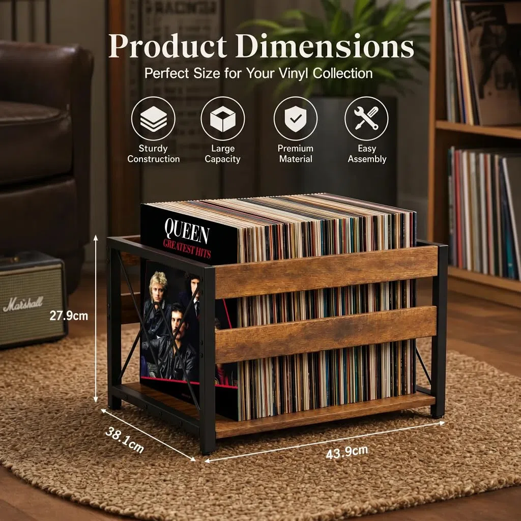HFHOME Caja de almacenamiento de discos de vinilo, caja de almacenamiento de madera, organizador de estantes de CD de cubo clásico, capacidad para hasta 100 registros, revistero para escritorio, hogar