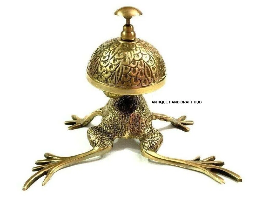 Campana de latón adornada con diseño de rana vintage para mostrador de hotel, recepción