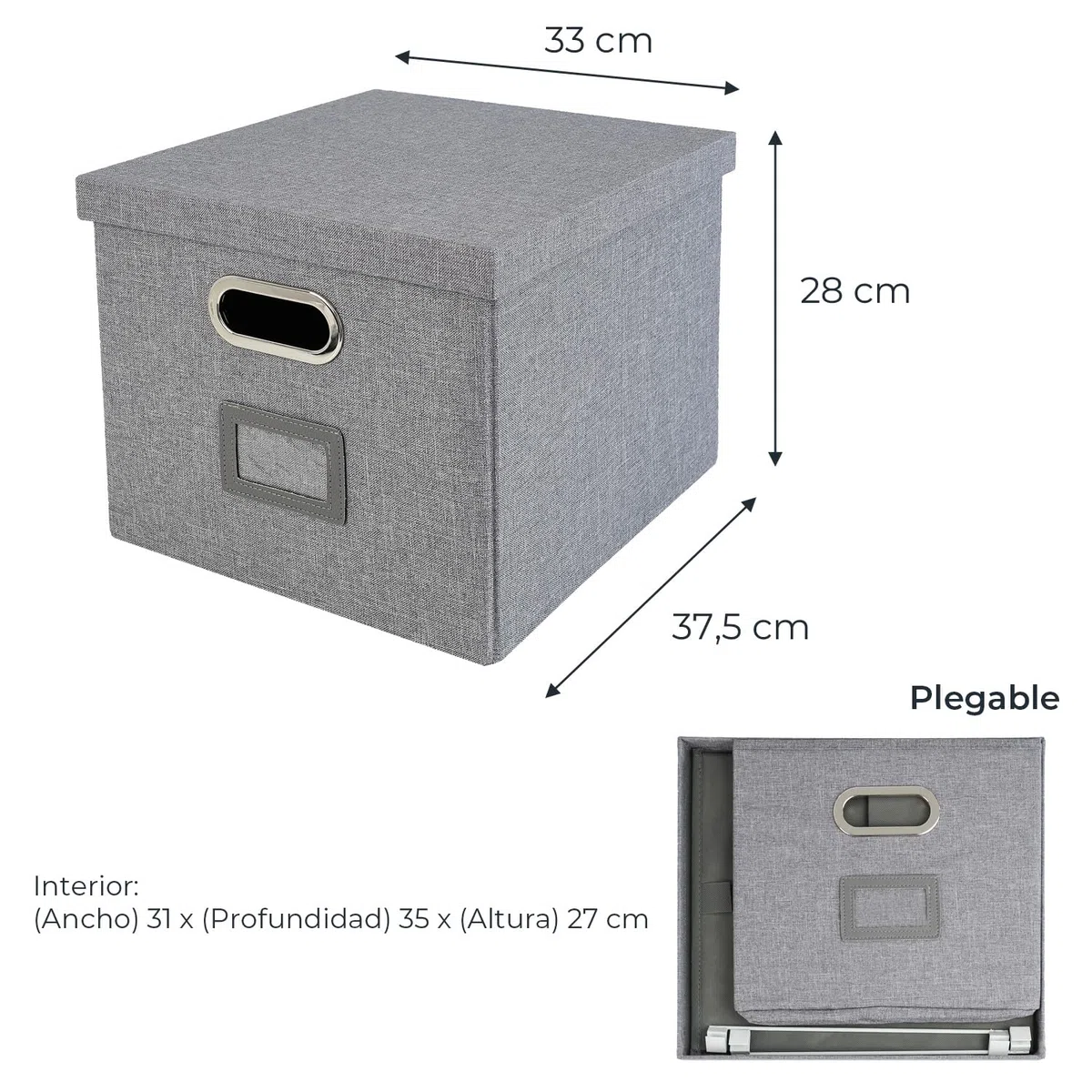 HMF Caja de almacenamiento con tapa para carpetas colgantes DIN A4 | Apto para Kallax | 33 x 37,5 x 28 cm | Gris