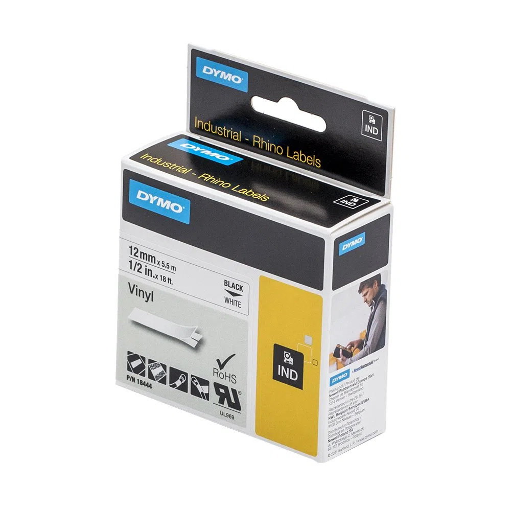 5?X Dymo 18444?Rhino industriel, autocollants, ?tiquettes en vinyle???Rouleau de 12?mm x 5.5?m, impression noir sur blanc + PAPERMATE Stylo Cadeau