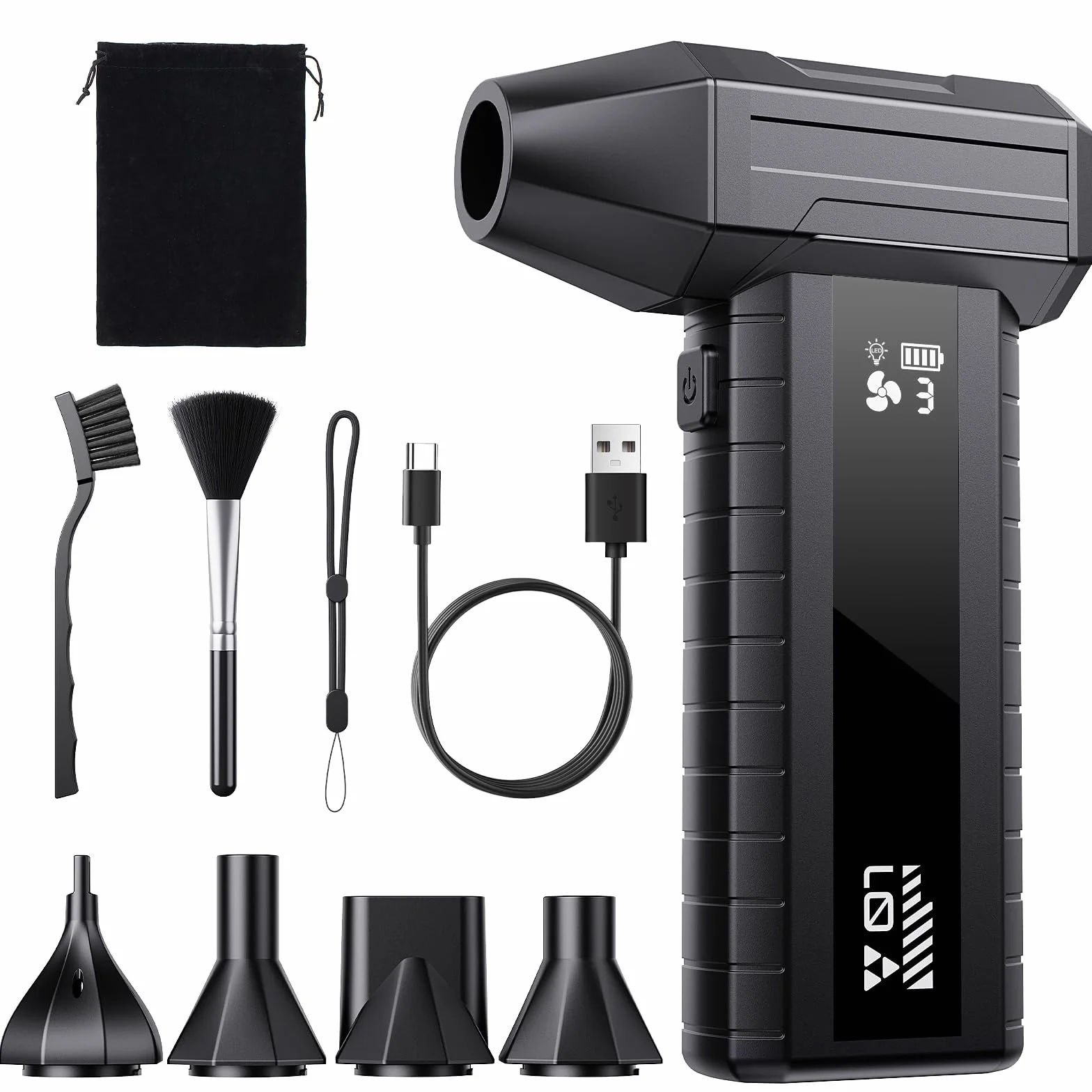 Soplador de Aire Potente – Mini Soplador Batería 200.000 RPM, 10.500 mAh, para Limpieza PC & Teclado, LED, Pantalla Inteligente, Recarga USB-C