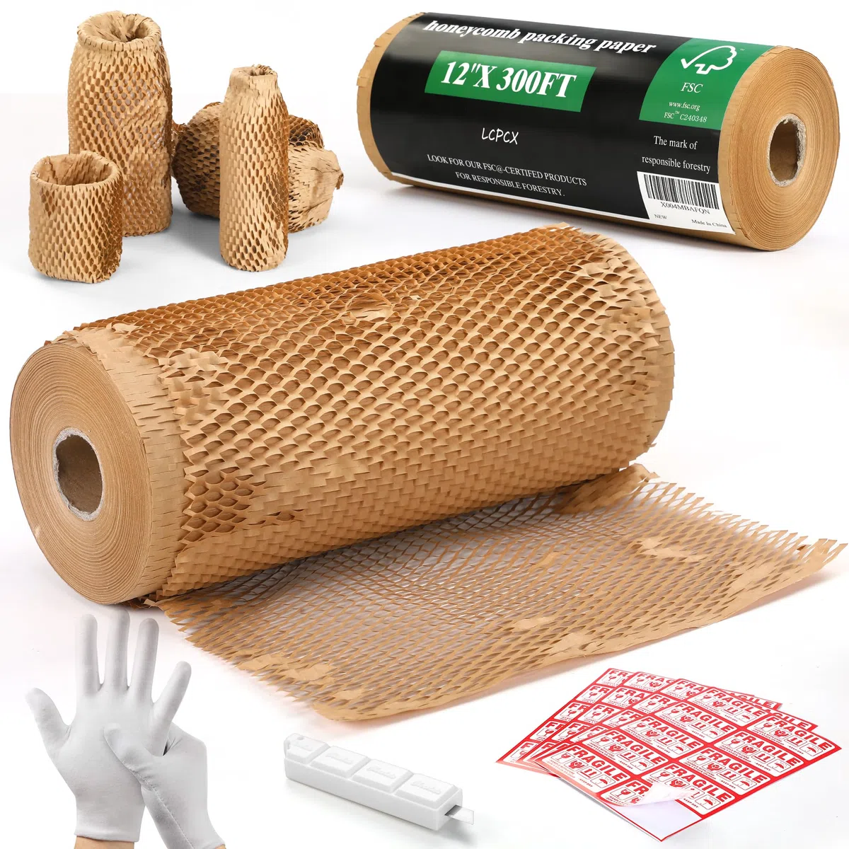 Papel de embalaje ecológico de panal de abeja de 12 x 300 pies (certificado FSC) + 40 calcomanías y cortador de seguridad, alternativa reciclable de envoltura de burbujas para mudanzas, correos