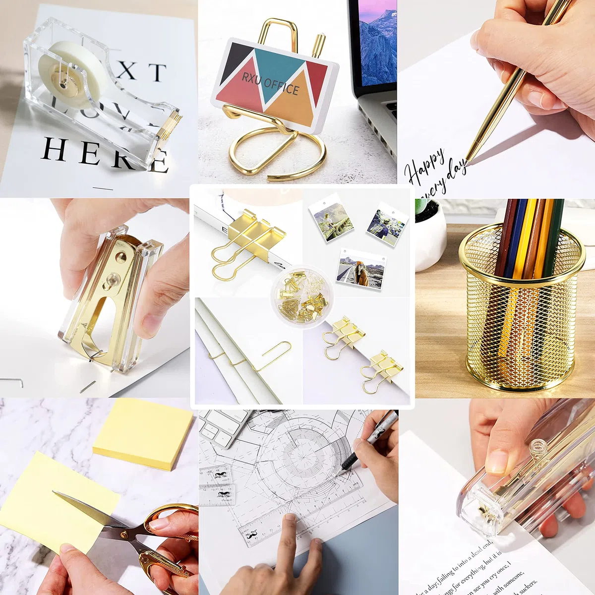 Suministros de Oficina y Accesorios de Oro Rosa, Grapadora acrílica, removedor de Grapas, Soporte de Cinta, Soporte para bolígrafos, bolígrafo, Tijeras, Clips de Carpeta, Grapas, Soporte para