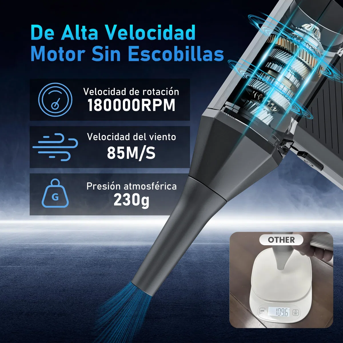 MJY 180000Rpm 85m/s 230g Soplador de polvo eléctrico, Aire comprimido 7600 mAh batería de 4 marchas ajustable con linterna LED para coche de coche, PC, Dispositivos electrónicos juego de limpieza para