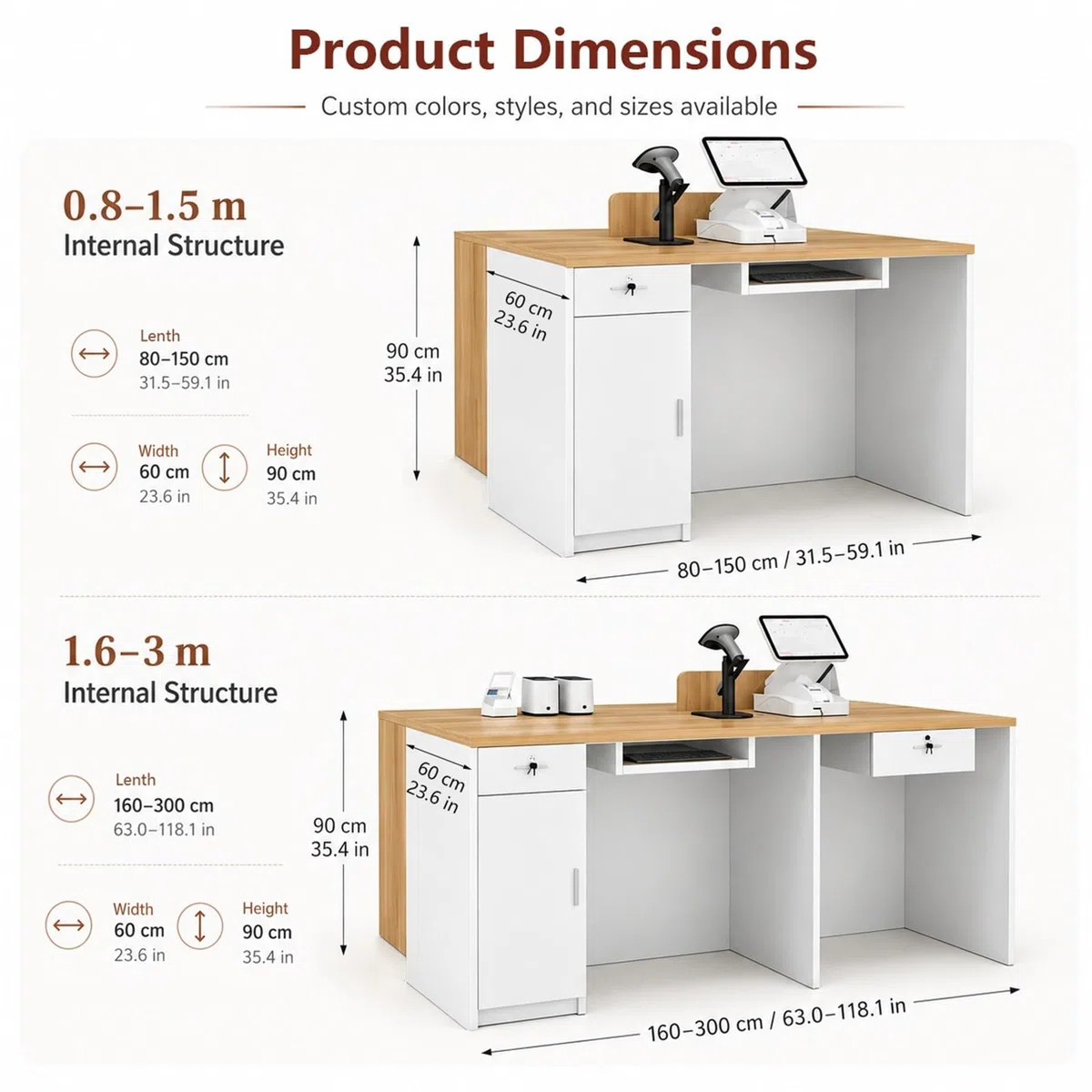 Mostrador de Recepción con Estantes y Almacenaje, Mostrador Caja para Tienda, Salón, Boutique, Librería, Comercio y Recepción Moderna Pro Comercial(White+Orange Right,80cm/31.5")