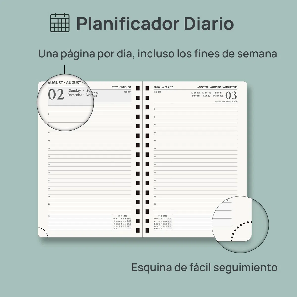 POPRUN Agenda 2026 2027 Dia Por Pagina 21,5 x 14,5 cm, Espiral Diaria 12 Meses de Ago.2026 a Jul.2027, Tapa Dura, Regla de Plásticol, 80 GSM Papel, Borgoña