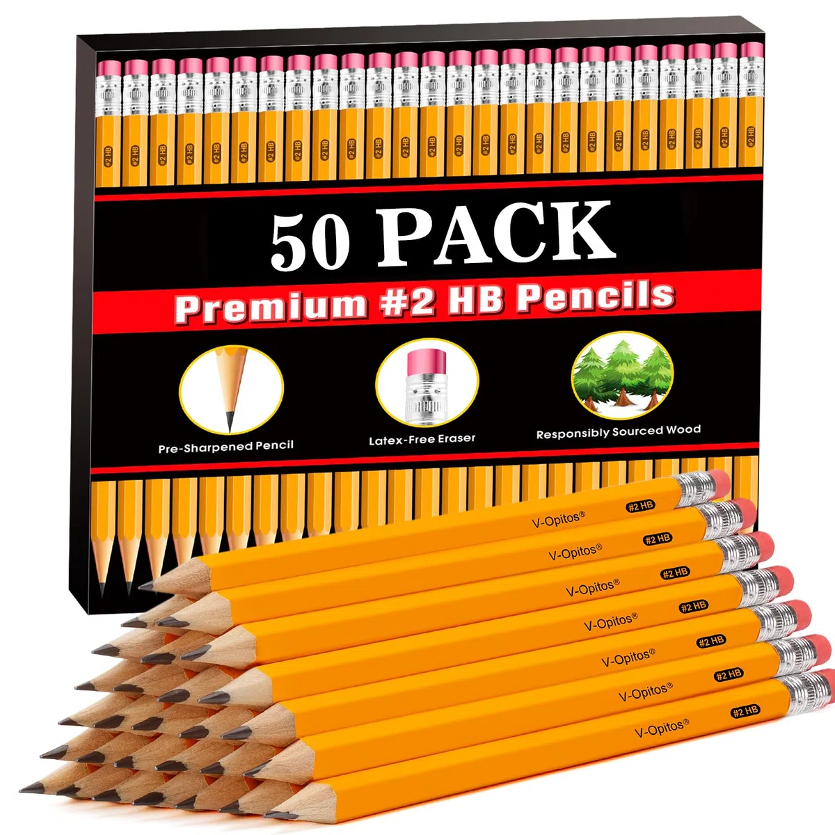 V-Opitos Lápices HB #2 con carcasa de madera, paquete de 50 lápices preafilados con borradores superiores, lápices amarillos a granel para suministros de profesores escolares, escritura, dibujo y