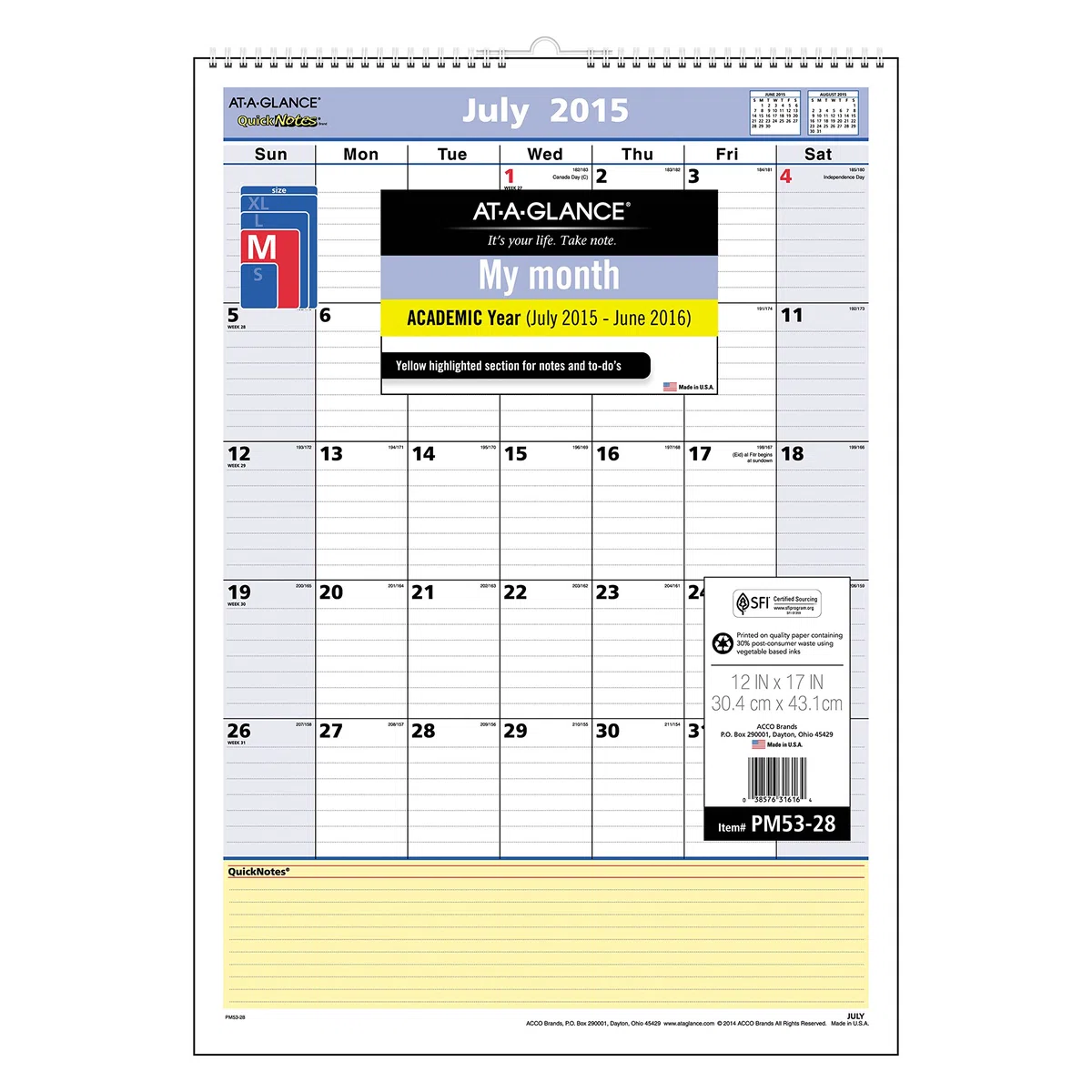 AT-A-GLANCE calendario de pared mensual, QuickNotes diseño, año académico, 12 Meses, de Julio 2015 – Junio 2016, 12 x 17 cm tamaño de página (pm53 – 28)