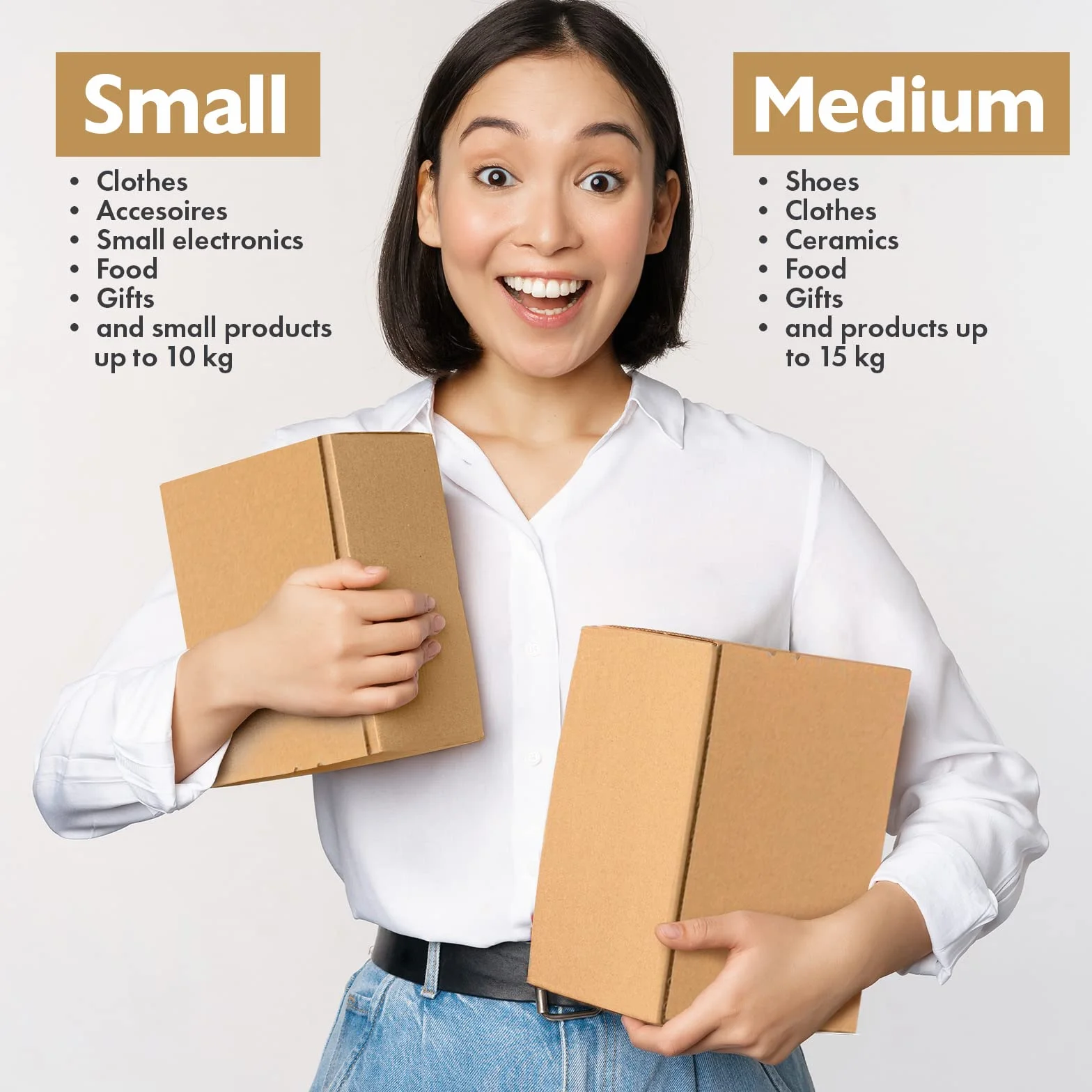 Konzept 11 - Cajas de Envío 20x15x10cm Set de 50 unid. Cajas plegables con tapa autoadhesiva, Cajas pequeñas para enviar, Tamaño estándar DHL Paquete S. Varios tamaños.