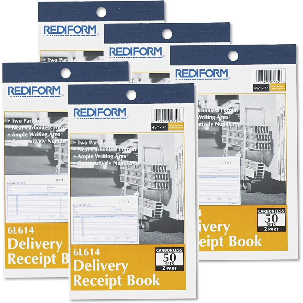 Libro de Recibos de Entrega, 6 3/8 X 4 1/4, Dos Partes Sin Carbono, 50 Sets/Book, Total 5 EA