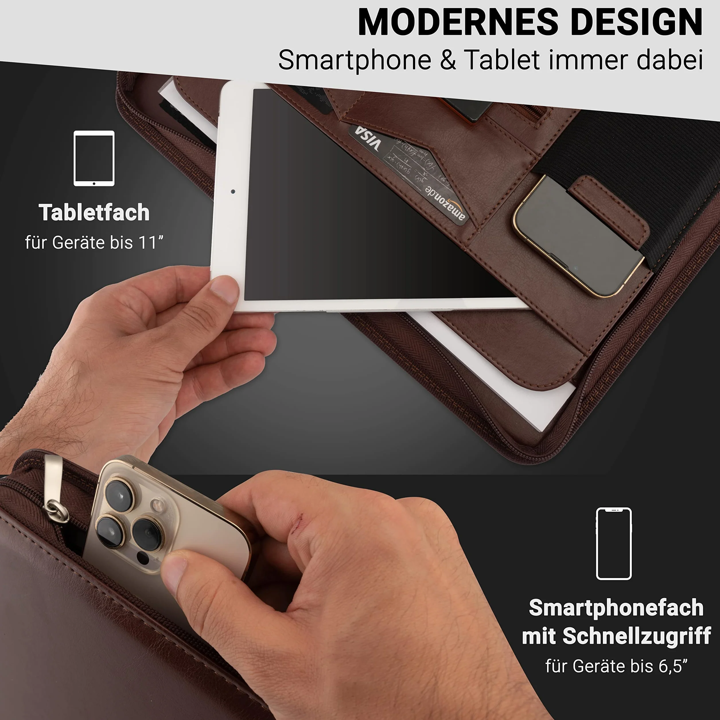 Carpeta A4 Premium con doble cremallera y compartimento para tablet de 13 pulgadas, iPad - Profesor profesional de piel sintética para hombre y mujer