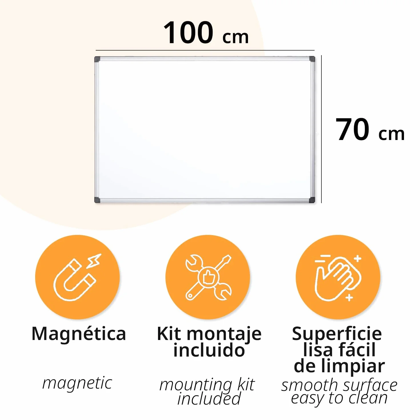 OFITURIA® Pizarra Blanca Magnética Lacada Con Marco De Aluminio Resistente Fácil De Borrar En Seco, Medida 100x70 cm