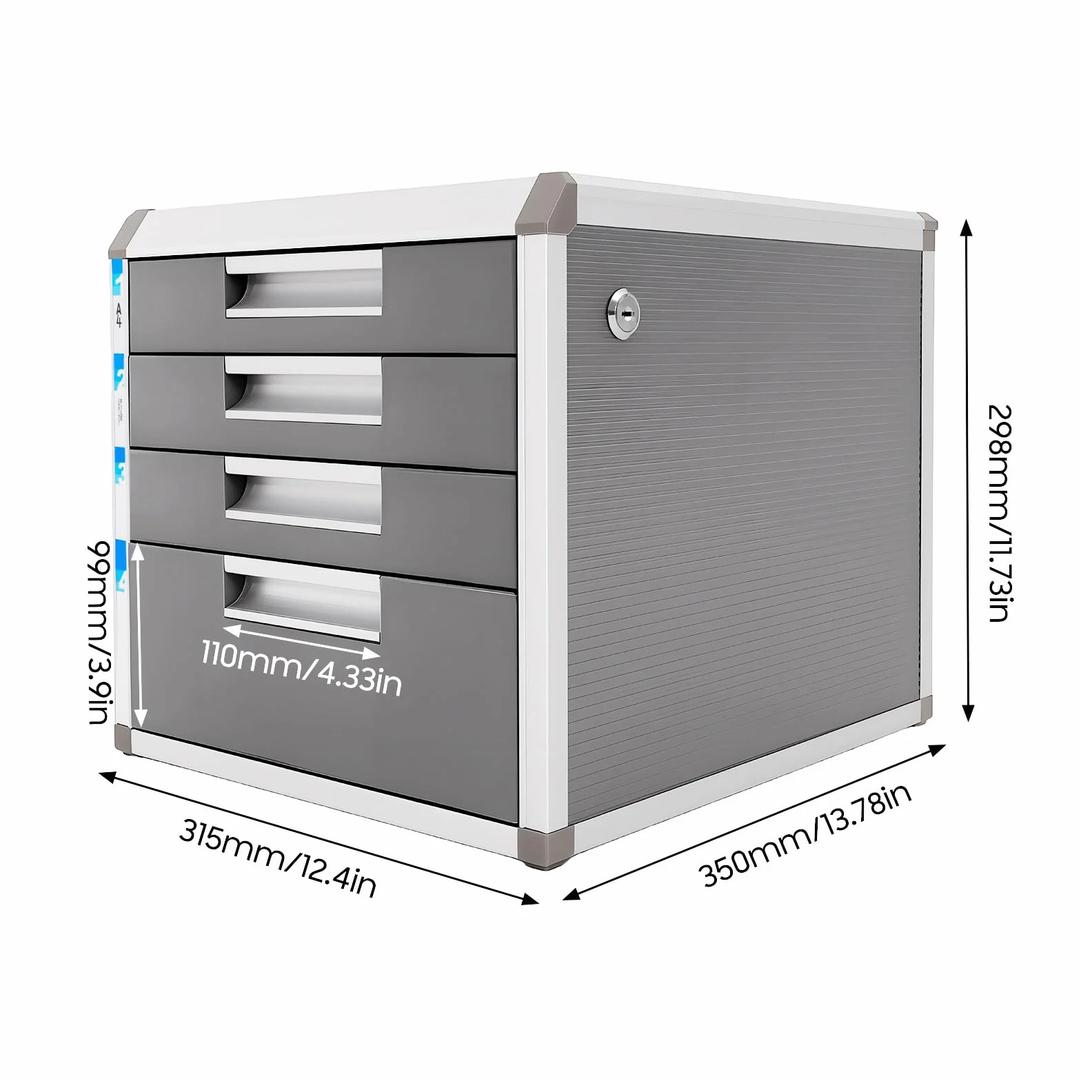 Armario archivador con 4 cajones con cerradura de aleación de aluminio – Caja para documentos DIN A4 31,5 x 35 x 29,8 cm – 1 compartimentos grandes + 3 pequeños, estantes de MDF y 2 llaves – gris y