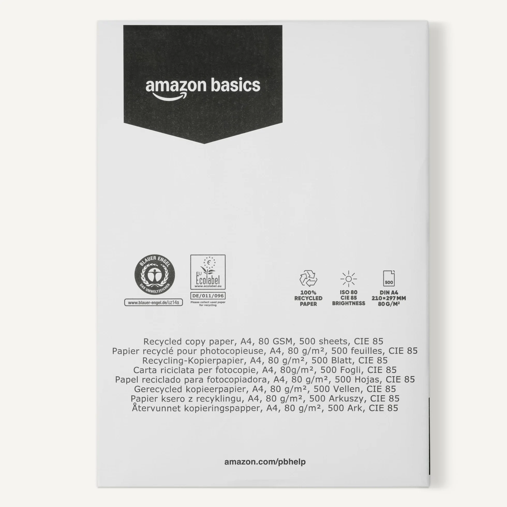 Amazon Basics Papel de Copia 100% Reciclado A4, 80g/m², 2500 Hojas (5 Resmas), Color Blanco Natural