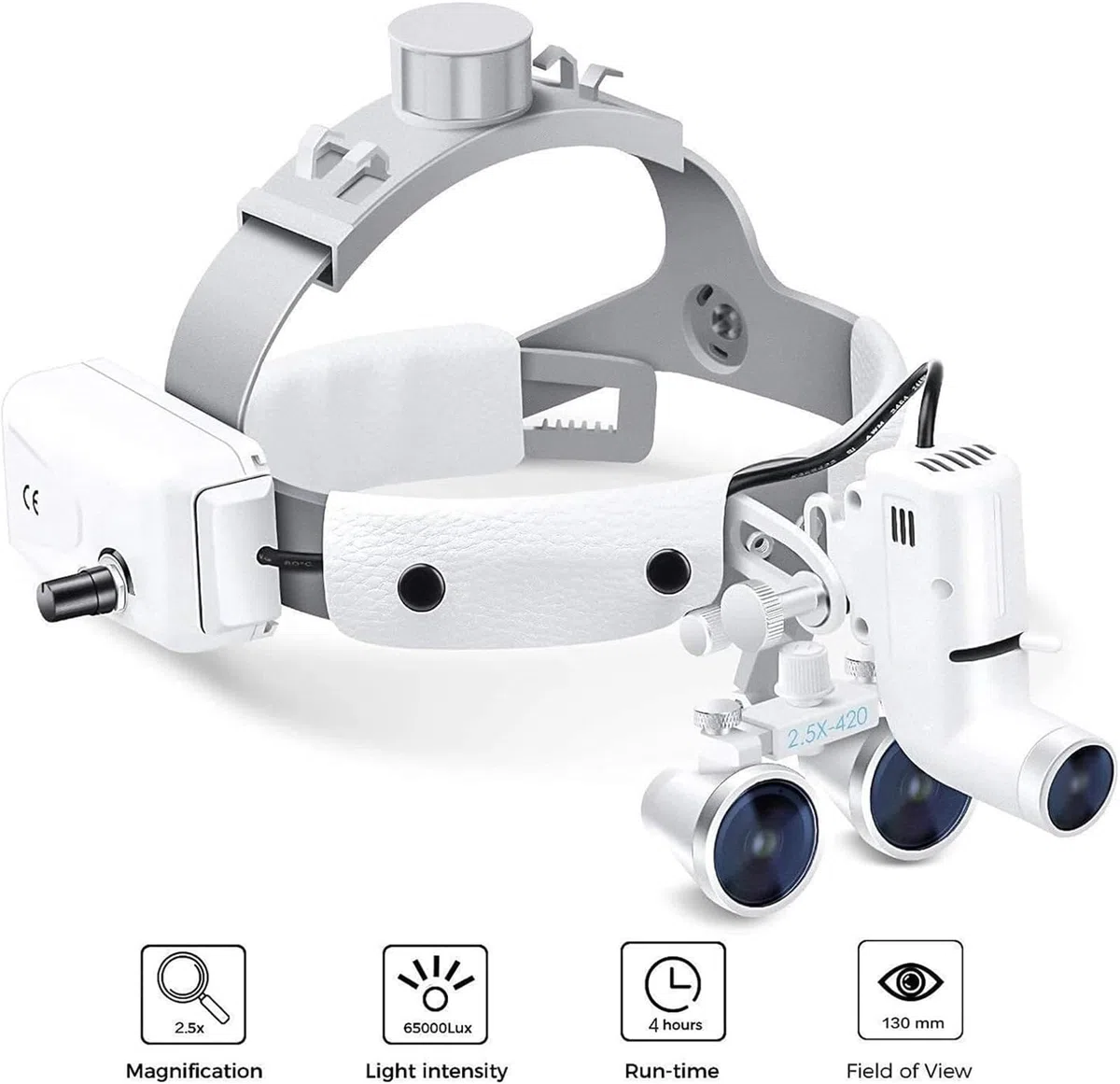 Lupa Dental, Lupa Binocular De 2.5 Aumentos Con Linterna Frontal Y Diadema, 30000 Lux De Alto Brillo, Ligera, Equipo De Laboratorio Binocular Con Aumento Para Otorrinolaringología Y Estomatología.