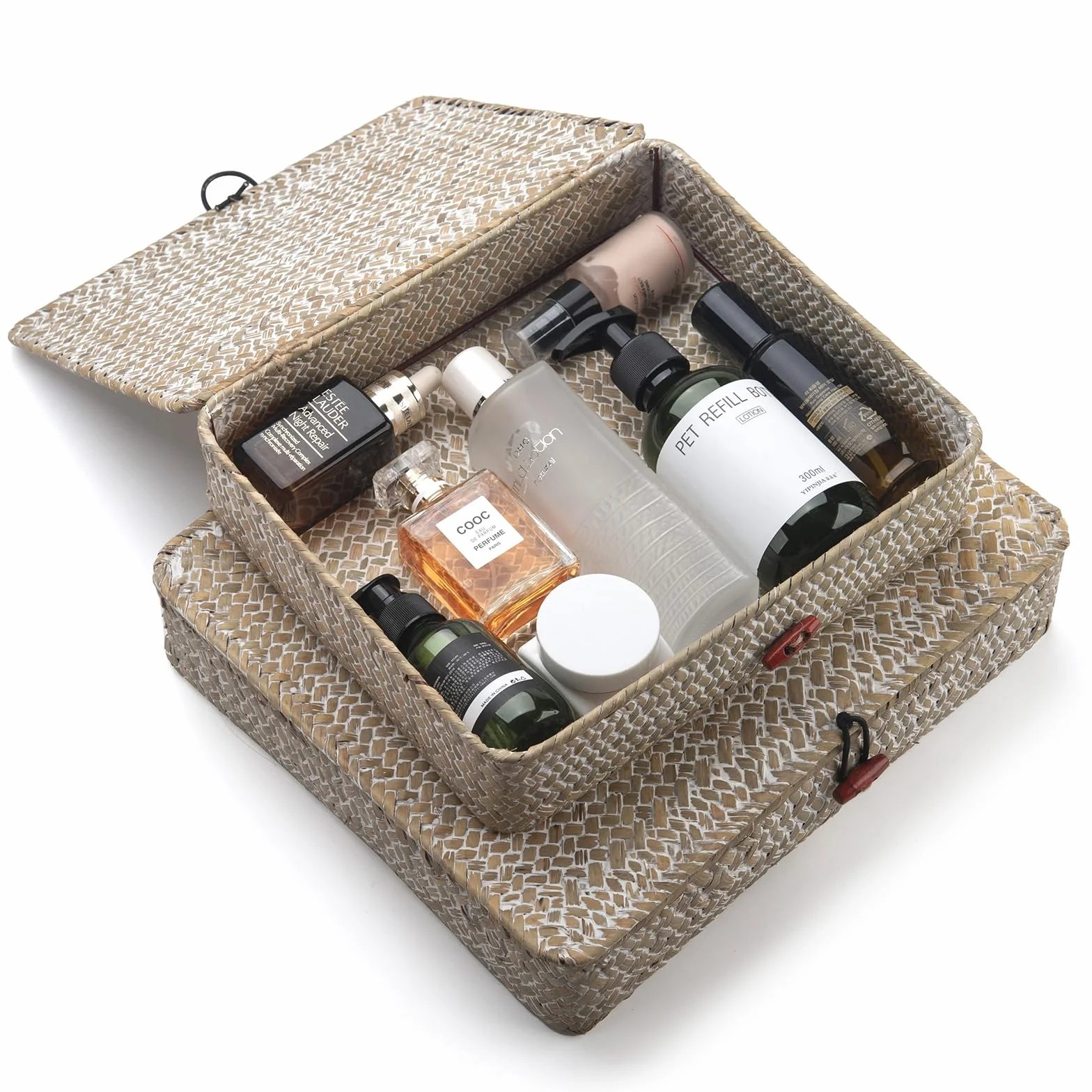 Cesta Almacenamiento con Tapa Seagrass Ratán Cestas de Mimbre Rectangular 2 Piezas (Grande + Pequeño)