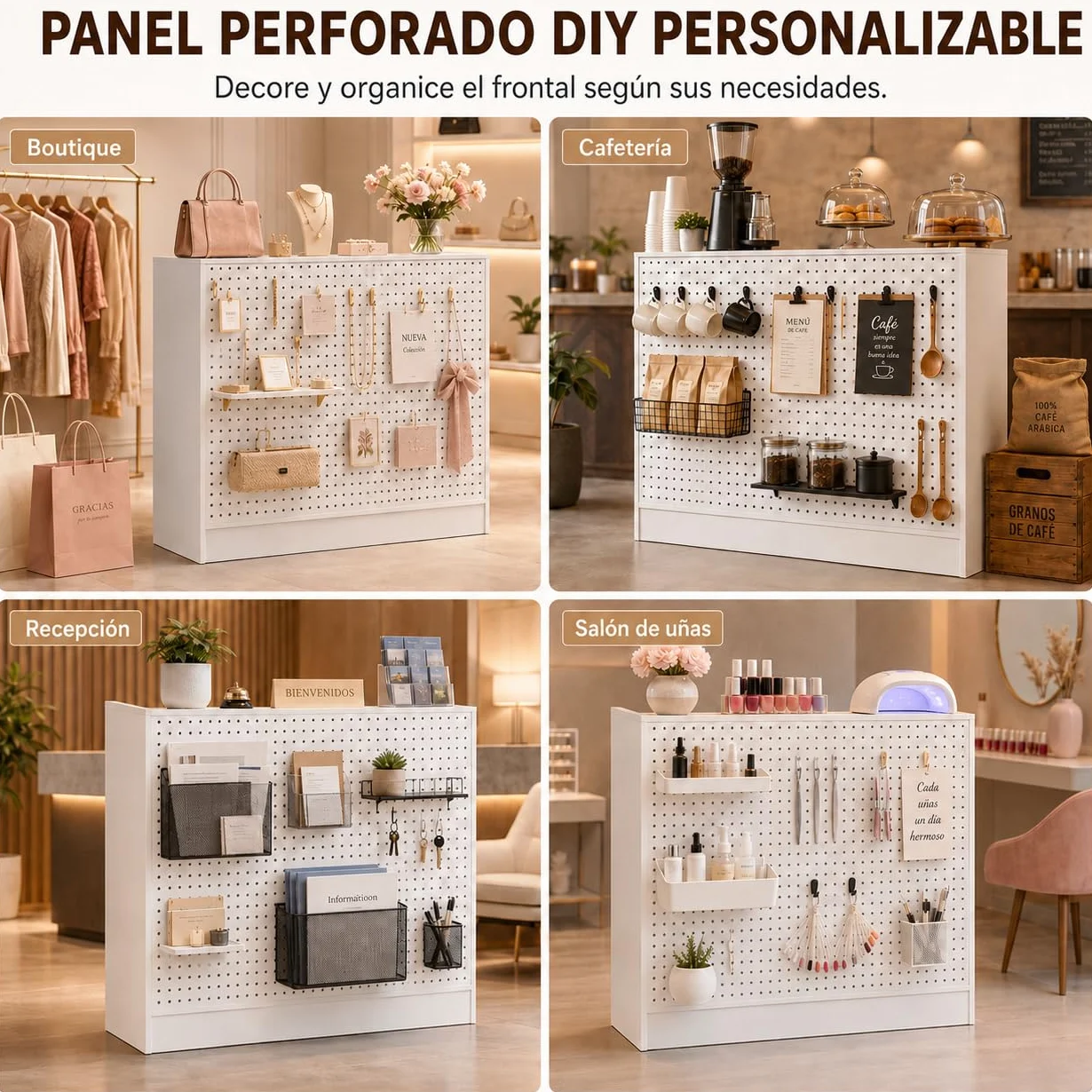 Mostrador de Recepción Blanco 120cm con Panel Perforado, Caja Registradora, 3 Estantes Ajustables, 2 Cajones con Llave, Puerta y Almacenaje, 120×110×50cm