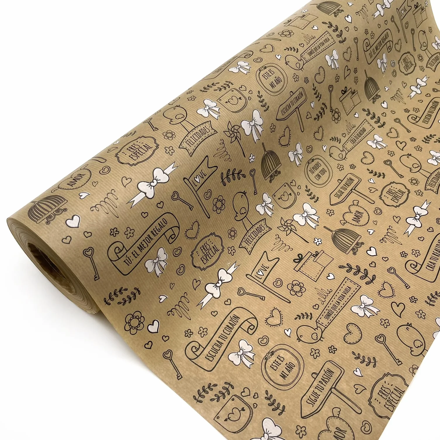 Papel de regalo kraft verjurado 62cm x 100m rollo frases positivas
