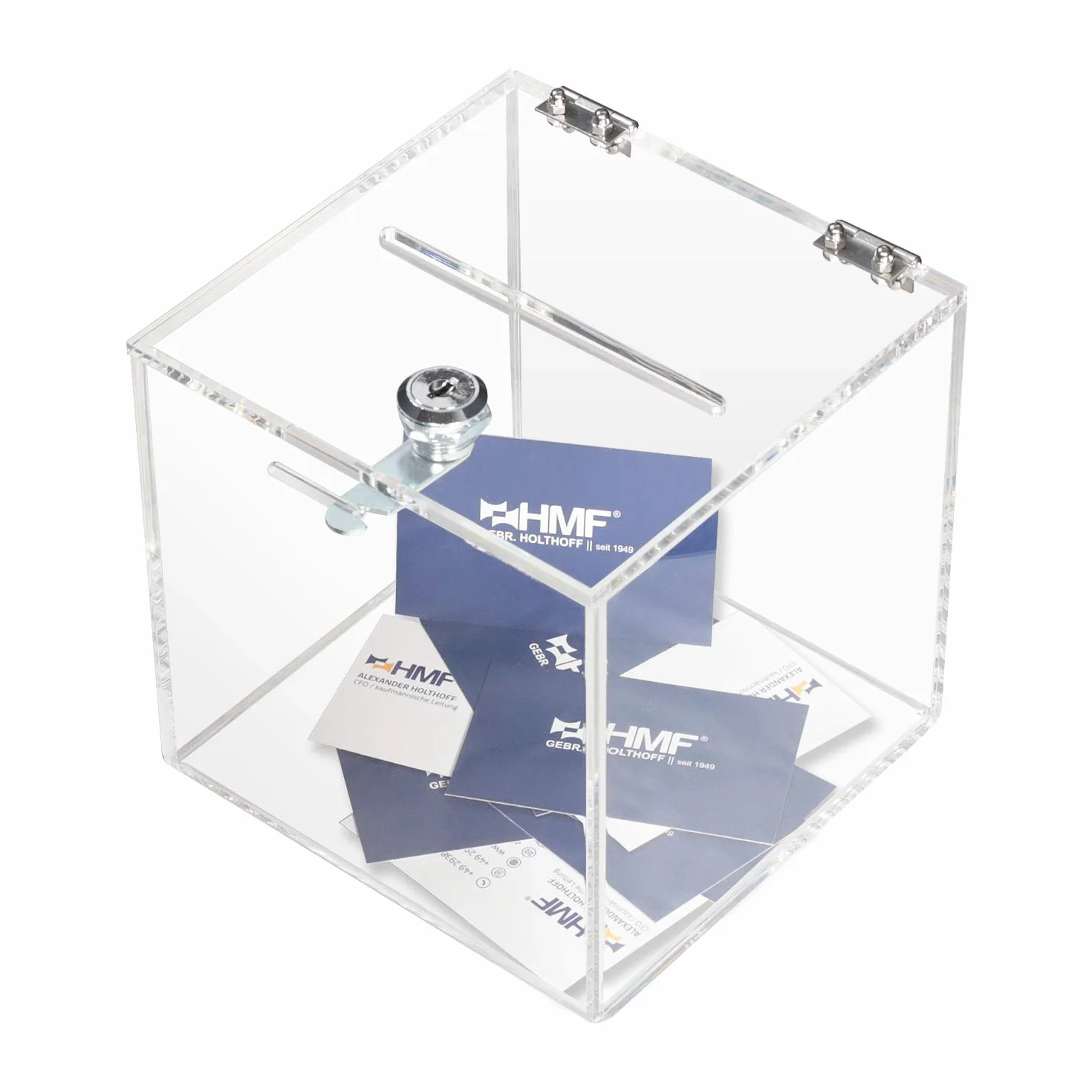 HMF 46919 Caja de donación de acrílico con cerradura | 15 x 15 x 15 cm | DIN A6 | Transparente