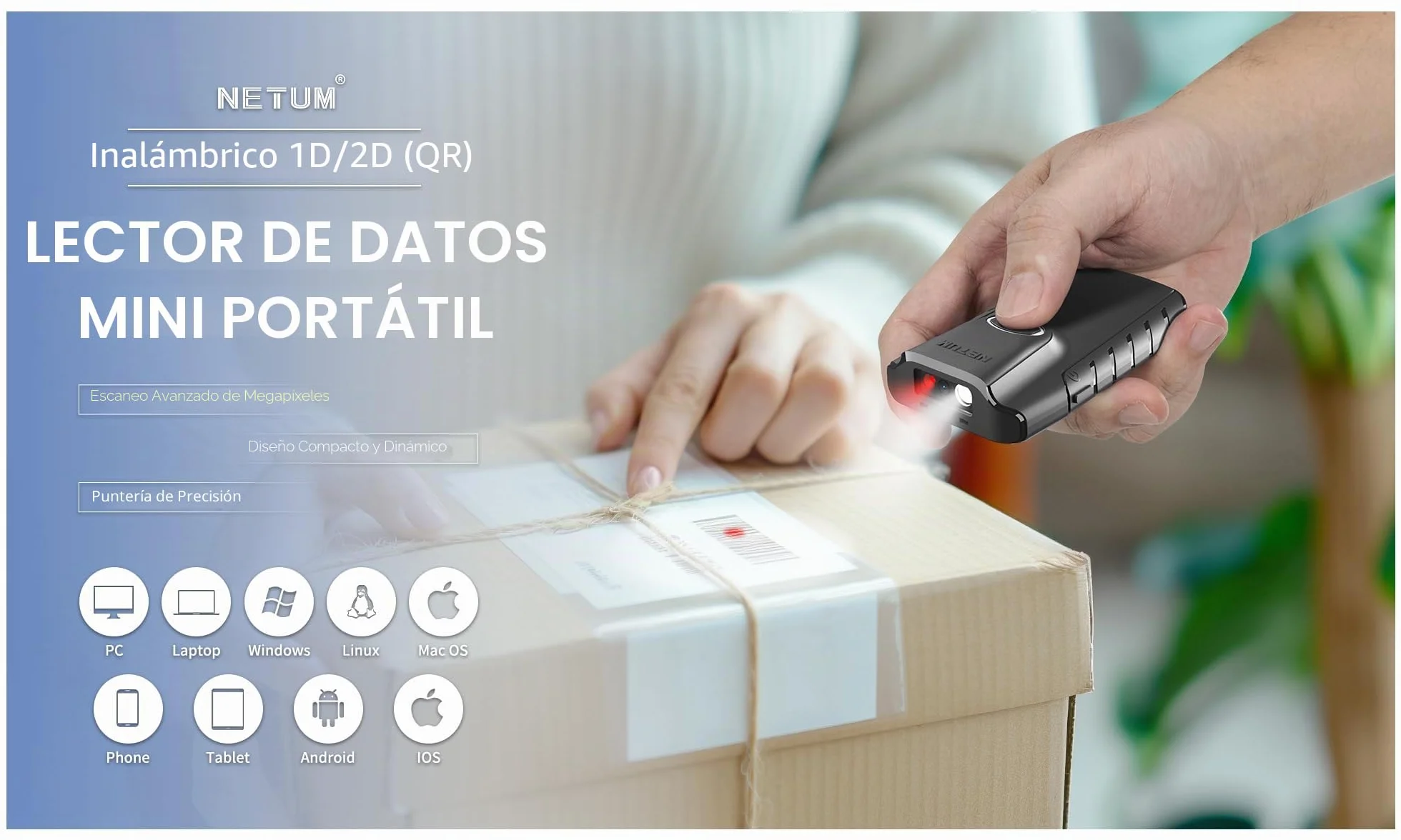 NETUM Escáner de código de Barras 2D Bluetooth, Lector de código de Barras QR 3 en 1 automático Escanear Clip Trasero Trabajo con Tableta iOS Android Windows MacOS inventario de almacén POS