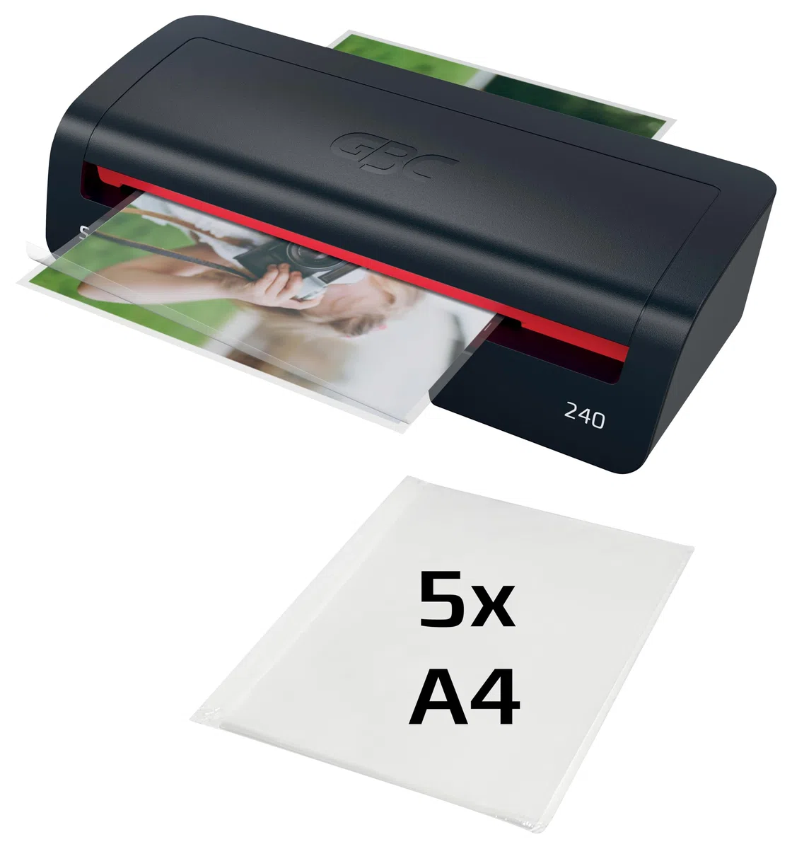 GBC 4410068EU - Plastificadora 240 Home Office A4, Calentamiento Rápido en 2 Minutos, 75-125 Micras, Antiatascos, Apagado Automático, Incluye 5 Fundas de Plastificación A4, Negro/Rojo