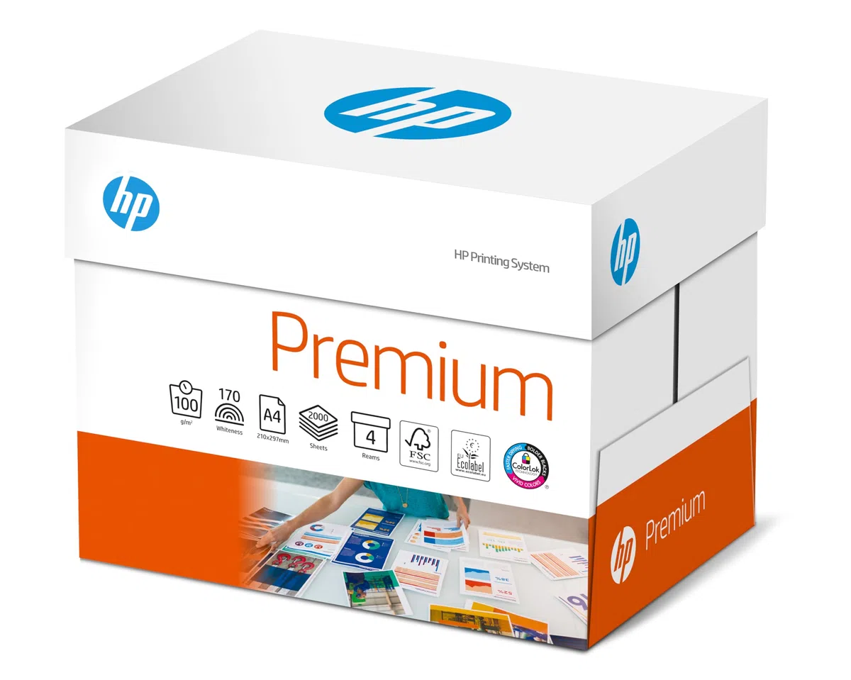 HP PAPERS PREMIUM, Papel superior de alta blancura, A4, 100 g/m2, caja 4 paquetes (2000 hojas) (94297)