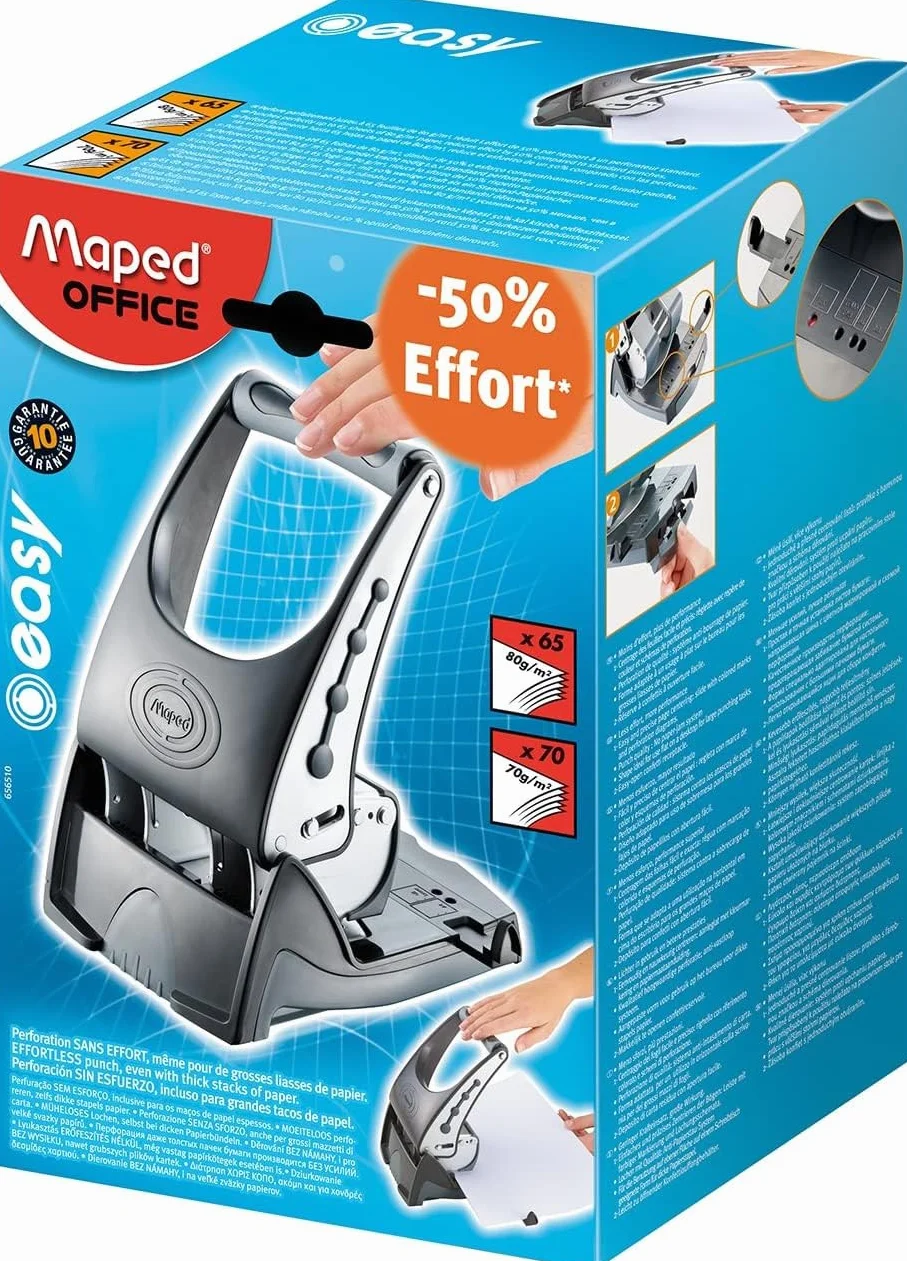 Maped Perforadora de Papel, Agujereadora con Mango Ergonómico, Fácil de Usar, Perfora Hasta 65 Hojas, Sistema Antibloqueo, Alta Precisión y Durabilidad para Oficina y Escuela