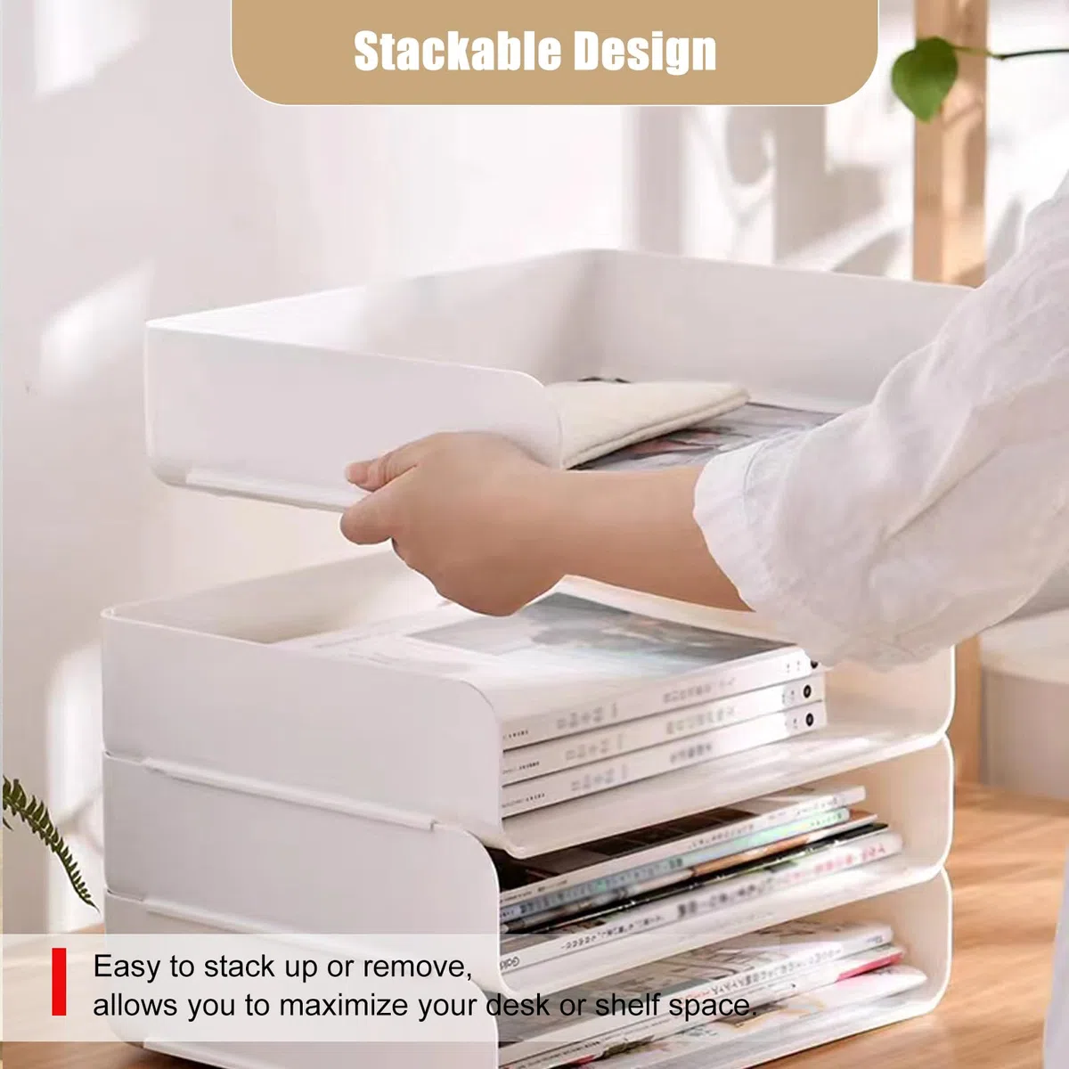 Organizador de escritorio y almacenamiento, organizador de bandeja de papel de 4 niveles, apilable, organizador de escritorio blanco y almacenamiento con 4 carpetas de archivos para documentos, papel,