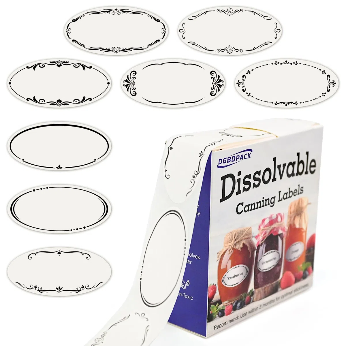 DGBDPACK Etiquetas de conservas solubles para tarros Mason, etiquetas de alimentos de 1 x 2 ½ pulgadas, 8 diseños, calcomanías extraíbles con agua, rollo de 400 etiquetas