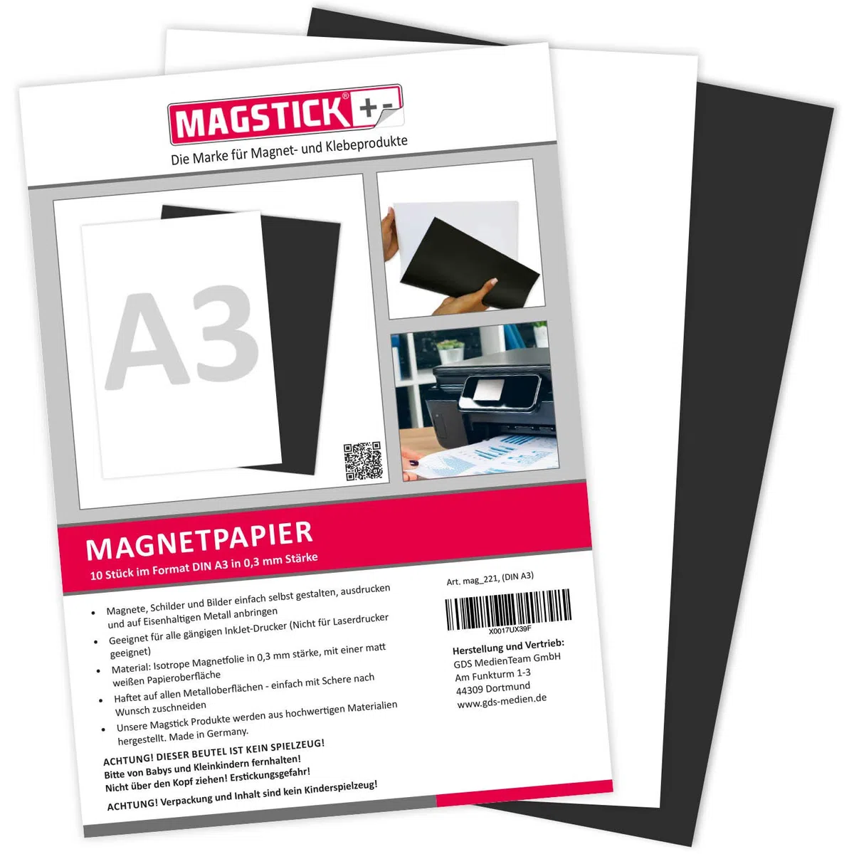 Set 10 hojas de papel magnético blanco DIN A3 mag221 | Papel magnético imprimible con reverso magnético, ideal para etiquetar, imprimir, manualidades DIY
