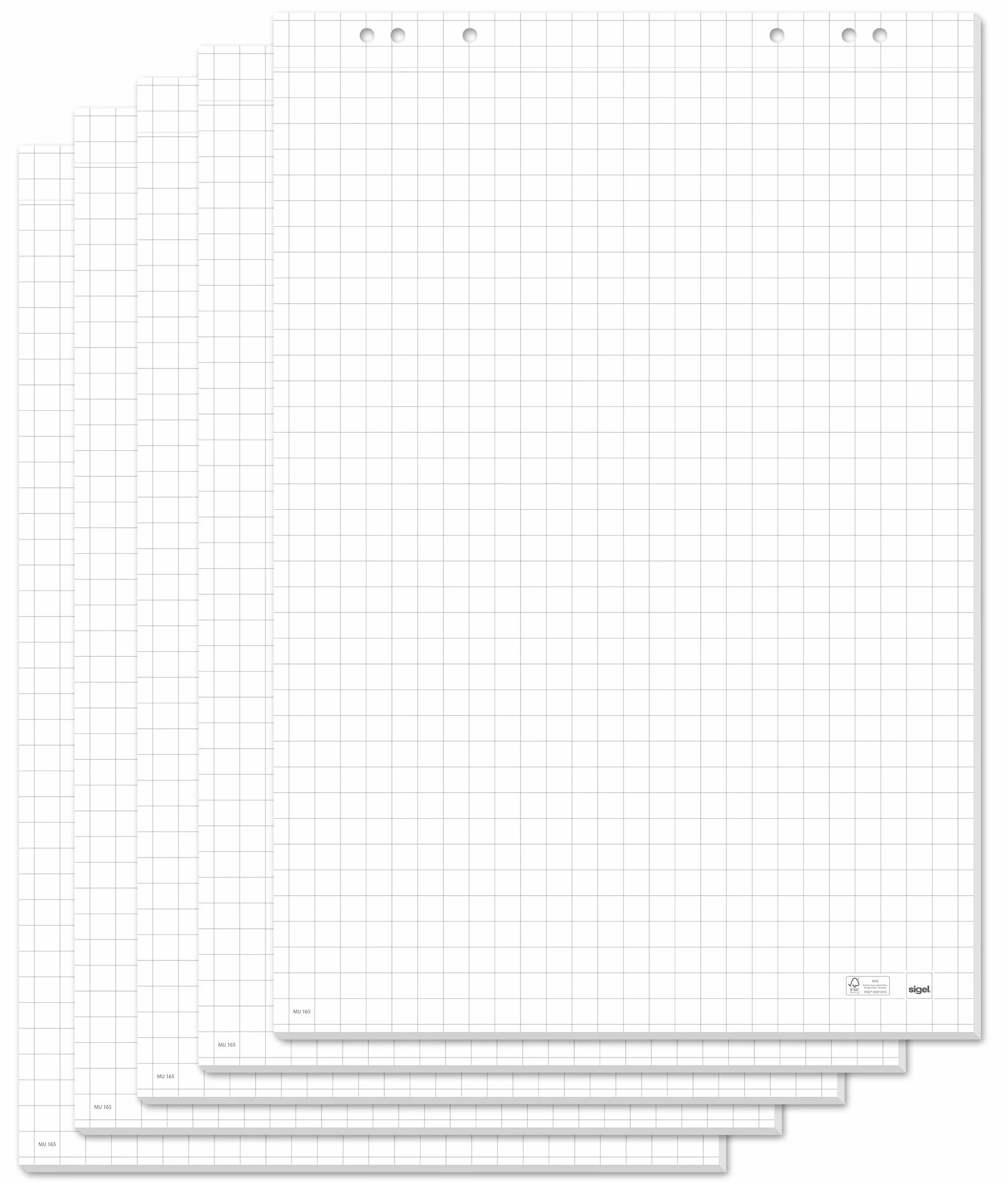 SIGEL MU165 Bloc para rotafolios de para para pizarras meet up y Artverum, formato cuadriculado, con perforación para separación, 69x98 cm, 5 blocs de 20 hojas c/u.