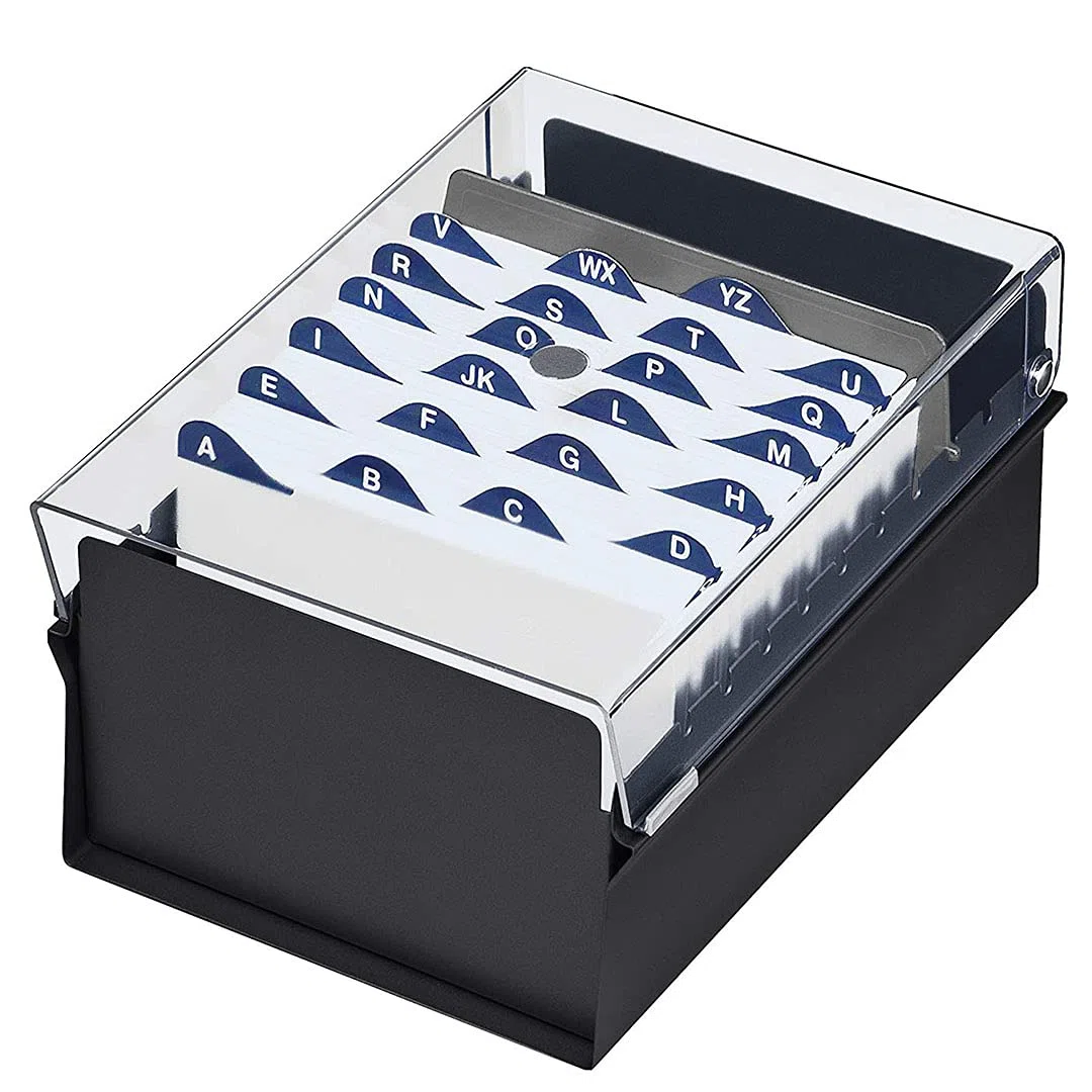 Acrimet Porta Tarjeta 4"x 6", Organizador de Fichas, Base de Metal Resistente (Incluye Índice AZ y un Divisor de Plastico) (Base Negro y Tapa de Plástico Transparente)