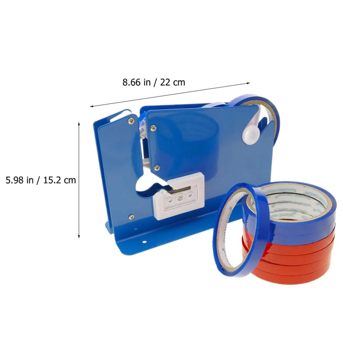 Gadpiparty Cortador de Cinta Adhesiva 12 Mm Dispensador Azul 8 Rollos de Cinta Adhesiva Roja y Azul para Sellado de Bolsas, Máquina Selladora Manual para Embalaje y Oficina