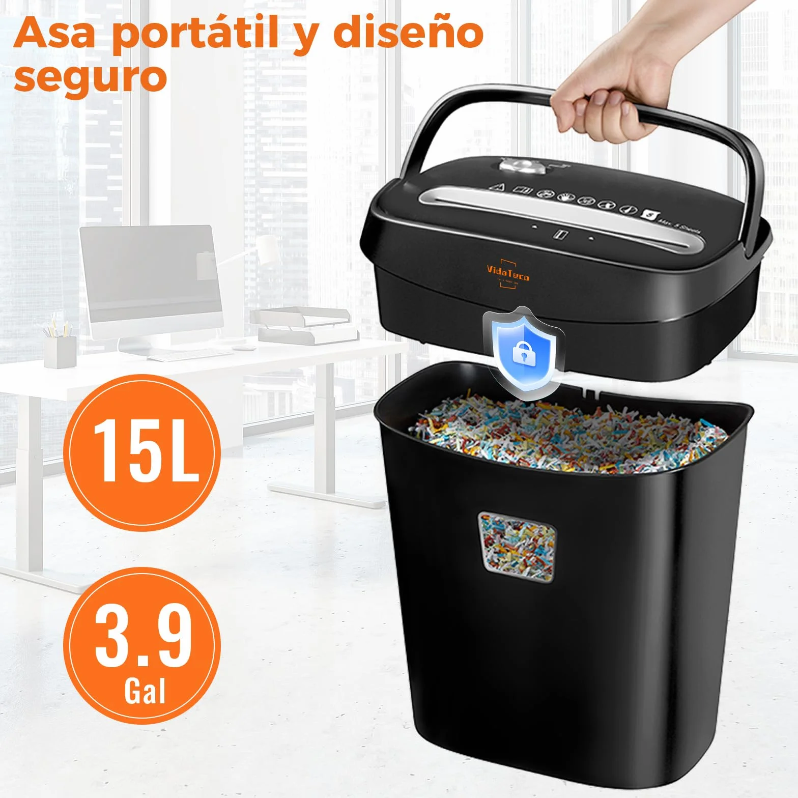 Destructora de Papel para Casa de 10 Hojas, Trituradora de Papel de Corte Transversal Que Destruye Papel, Tarjetas, Triturador con diseño de Mango portátil y contenedor de 15 L
