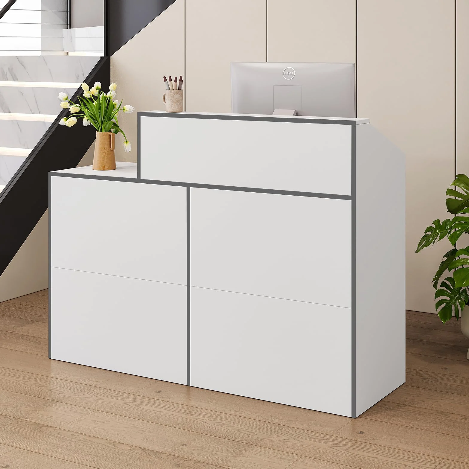 Mostrador de recepción blanco 133 x 45 x 100 cm, mesa de oficina con gran superficie de trabajo