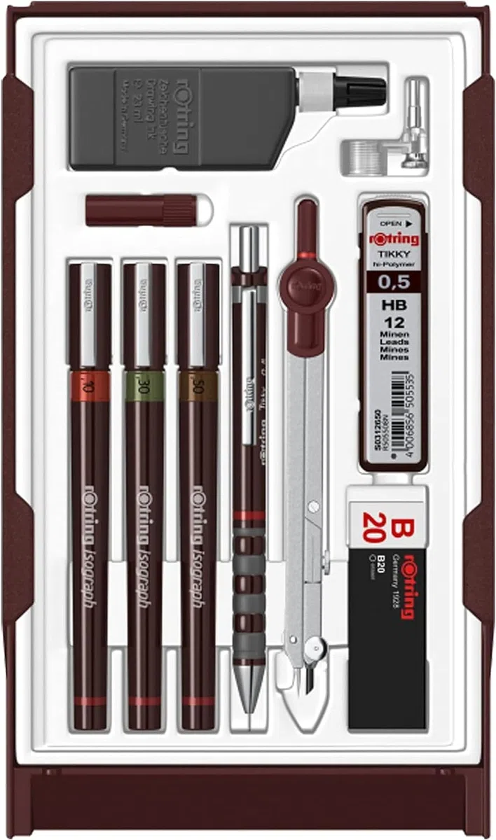 rOtring Isograph Technical Pen Master Set S0699420 | 3 rotuladores finos (0,10 mm, 0,30 mm, 0,50 mm), portaminas (0,5 mm), brújula y accesorios, juego de 10 piezas en estuche | Set con lápiz de 0,7 mm