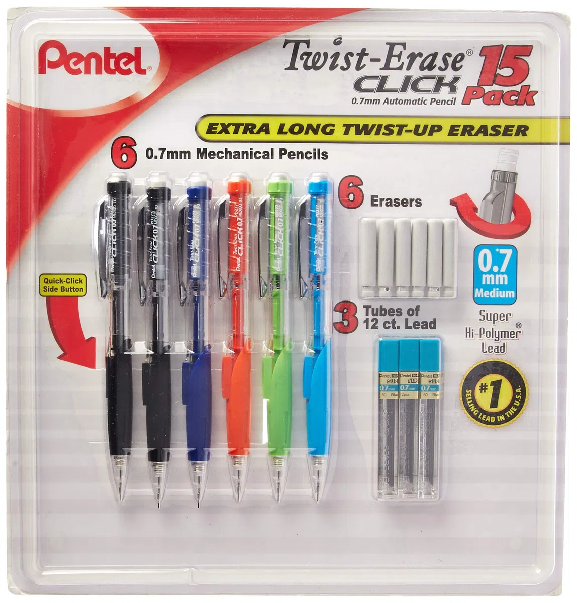 Pentel Twist-Erase Click – Juego de 6 portaminas, 6 gomas de borrar extra y 3 tubos de minas recargables