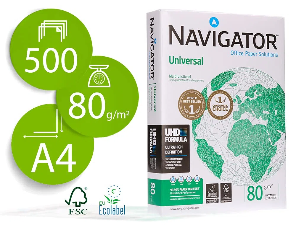 Papel Navigator DIN A4 multifunción 80gr - 5 paquetes (2.500 folios) - compatible con impresoras de inyección de tinta e impresoras Laser.