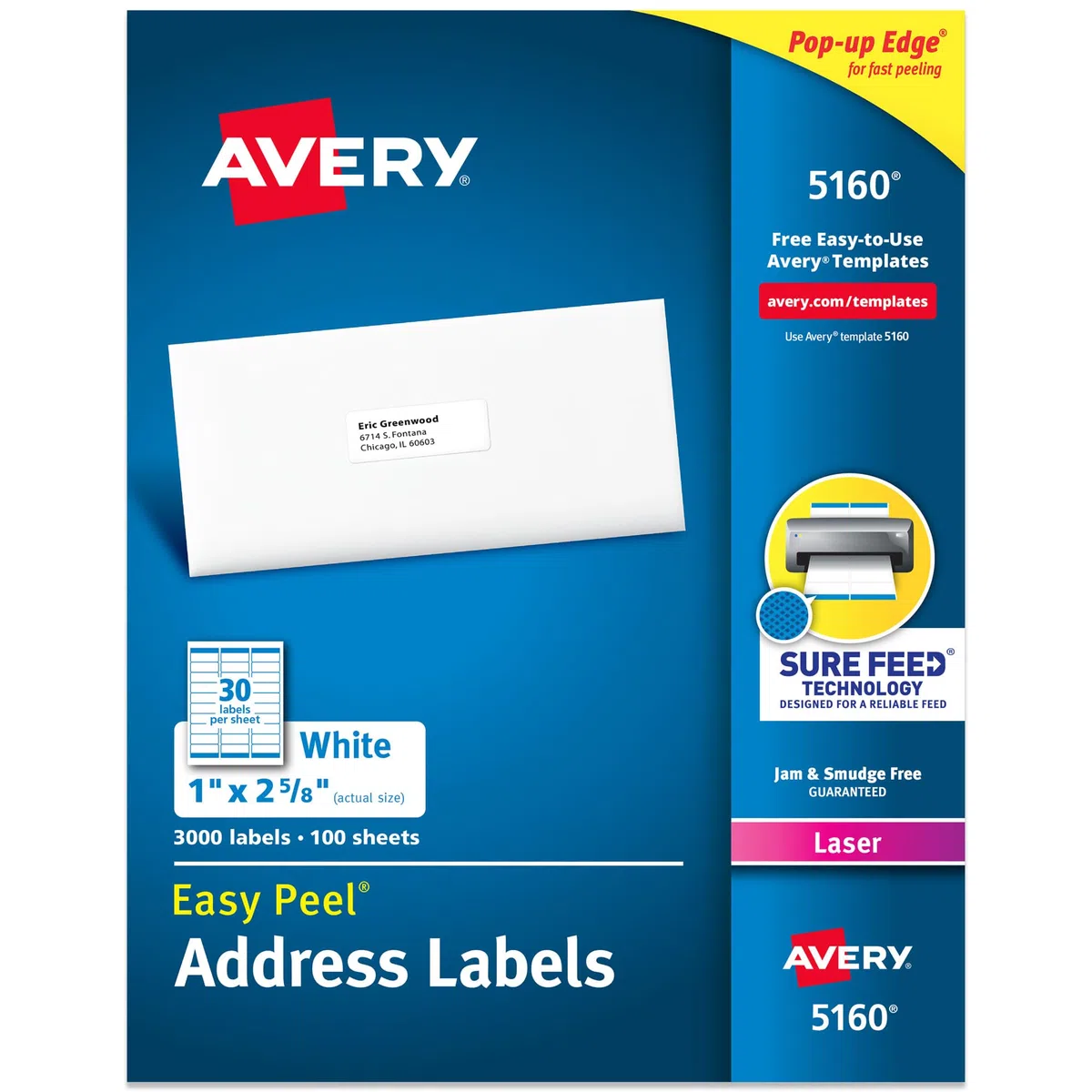 Avery 5160 Etiquetas autoadhesivas blancas para direcciones (blancas, autoadhesivas, láser, rectangulares con esquinas redondeadas, 3000 artículos, 100 hojas)