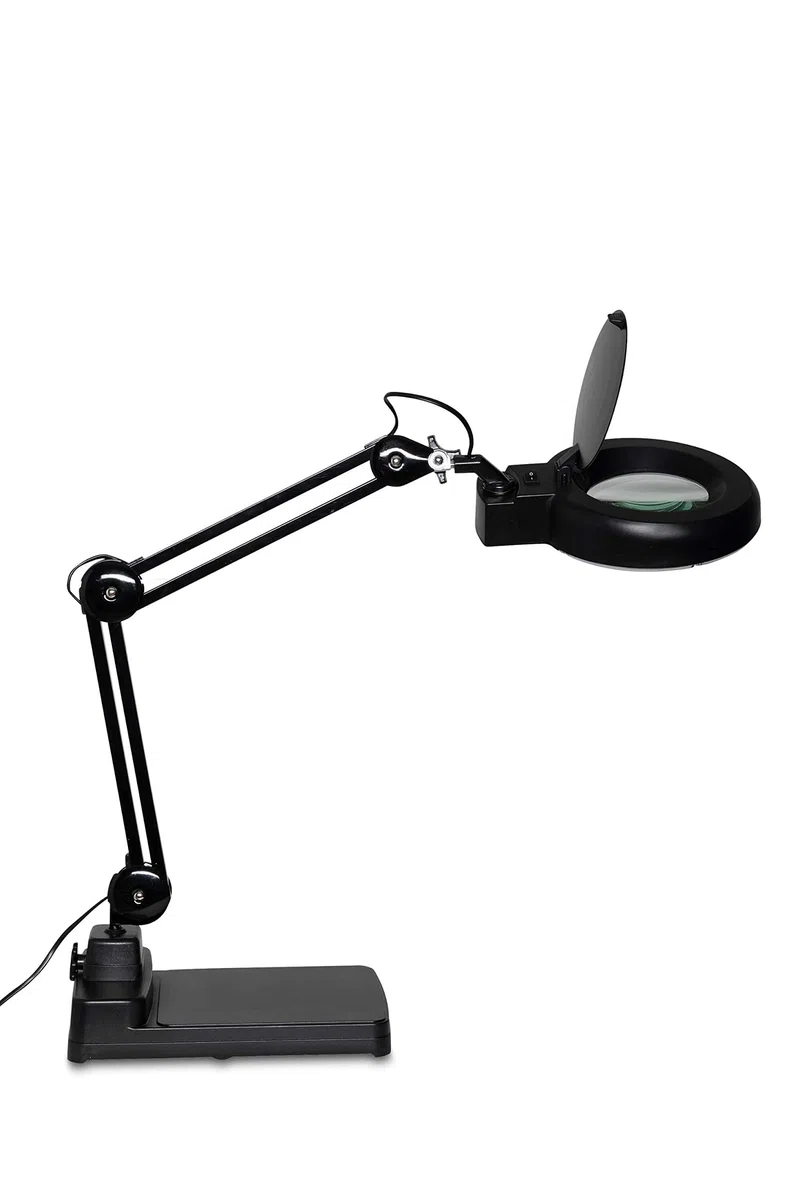 MAUL Lámpara lupa LED MAULviso negra de pie para trabajos finos | aumento cómodo 1.75x, luz uniforme sin sombras, brazo metálico ajustable, base estable, enfoque preciso