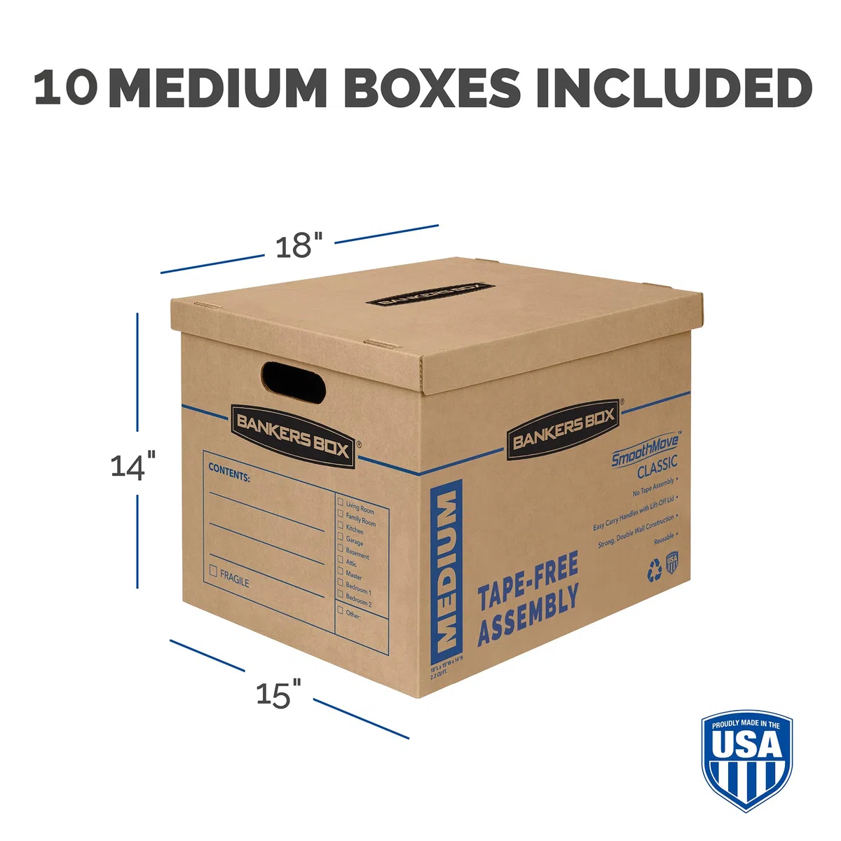 Bankers Box Caja de mudanza clásica mediana, paquete de 10, asas reforzadas, montaje sin cinta, caja con tapa, 19 x 14.5 x 15.5 pulgadas (8817201)