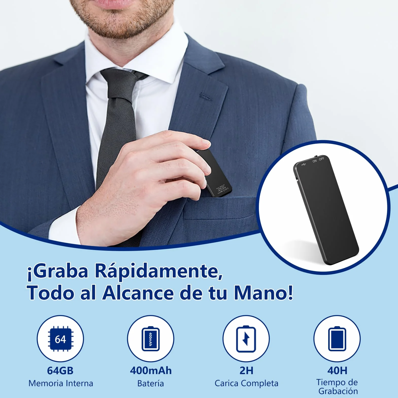 40H Grabadora de Voz, 64GB Mini Grabadora Voz con Funda de Metal Negra, Grabadora Audio USB-C para Grabar Clases Reuniones Entrevistas