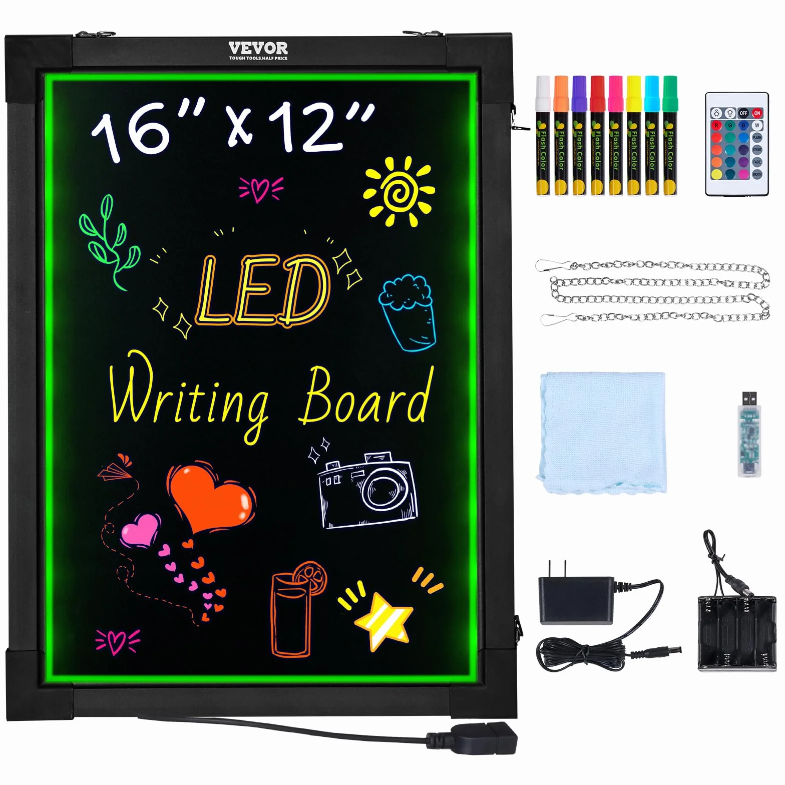 VEVOR Tablero de escritura LED, letrero borrable iluminado 16x12 in, pantalla neón, tablero arte con 8 marcadores tiza